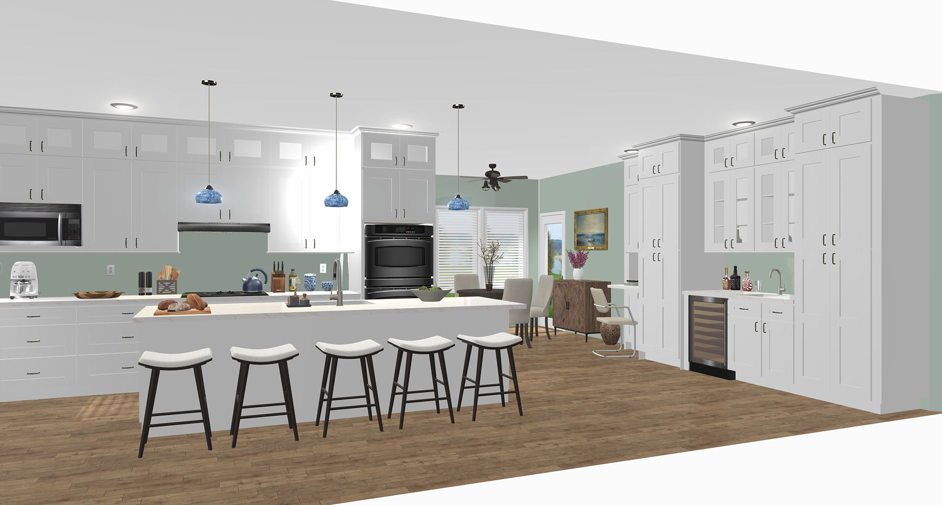 Wine bar area, pantry storage & hidden desk