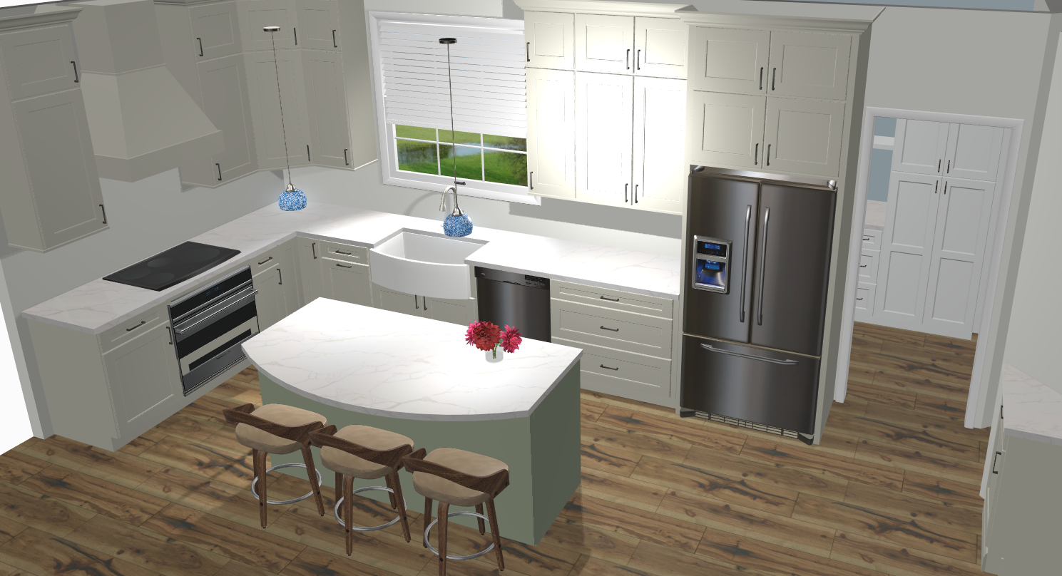 Final design, enlarged window, wood hood, cooktop.