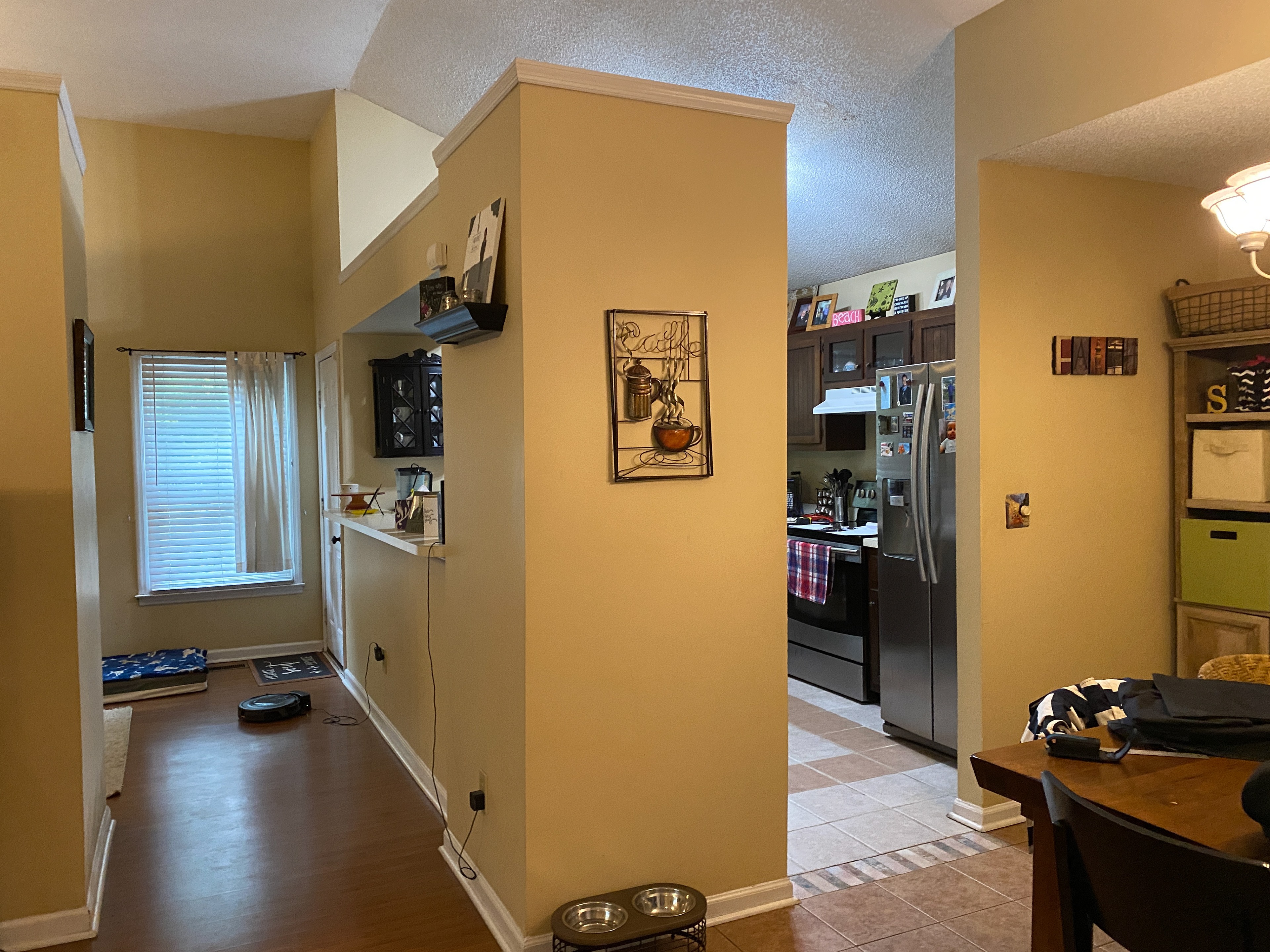 Before - walls and soffits, boxed in kitchen