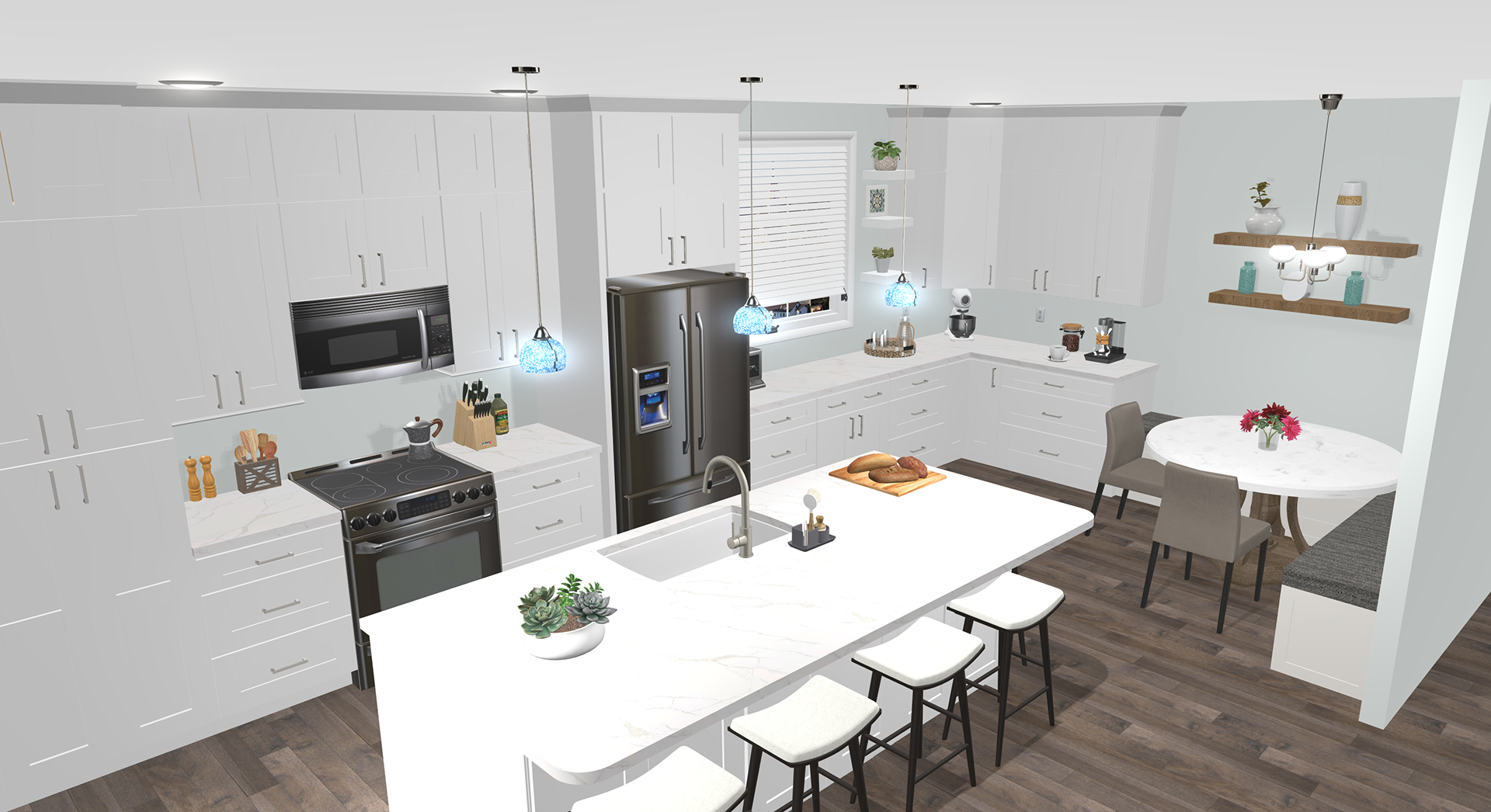 Add large Island, resize windows to expand cabinet area.