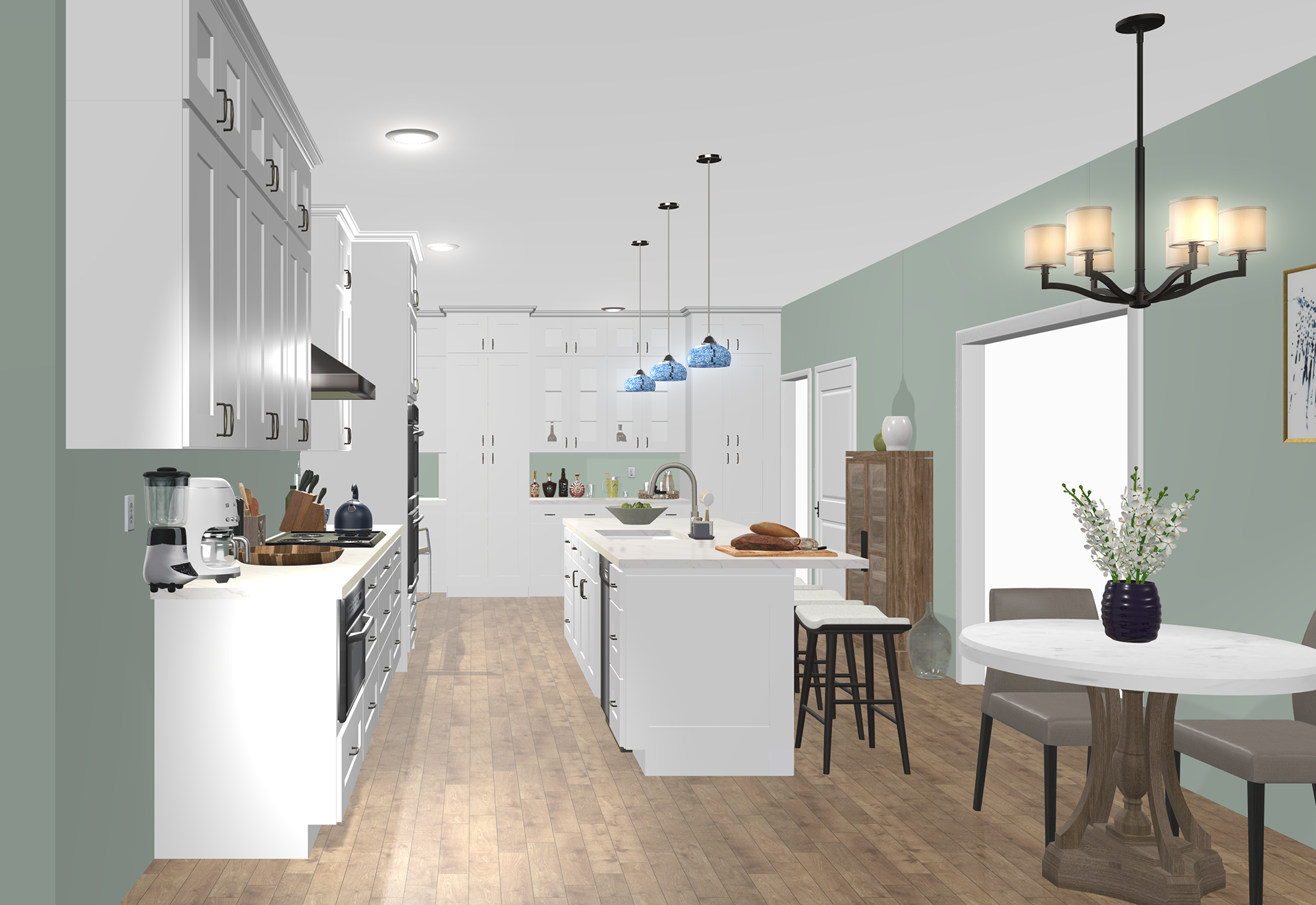 Add large island, enlarge living room opening