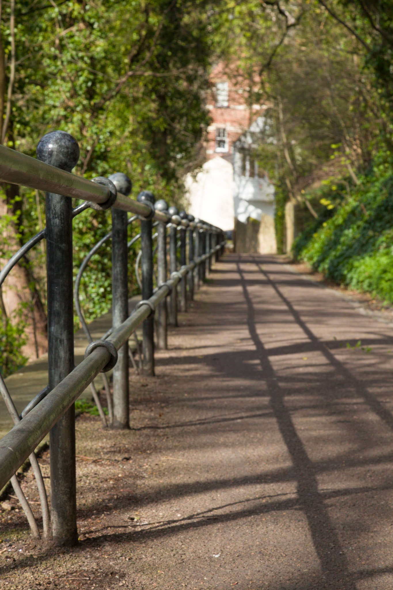 Walk up the river path, shadows of a fence