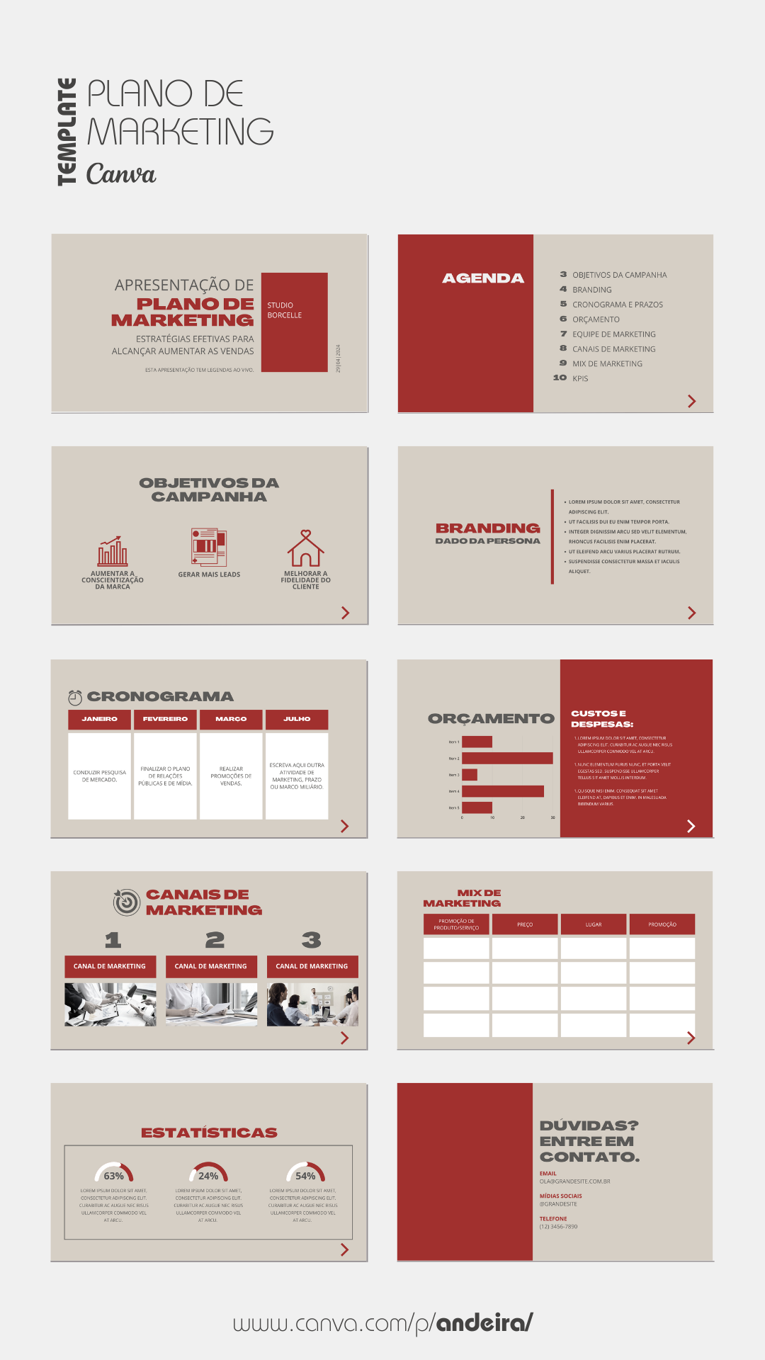 Template de plano de marketing moderno bege e vermelho