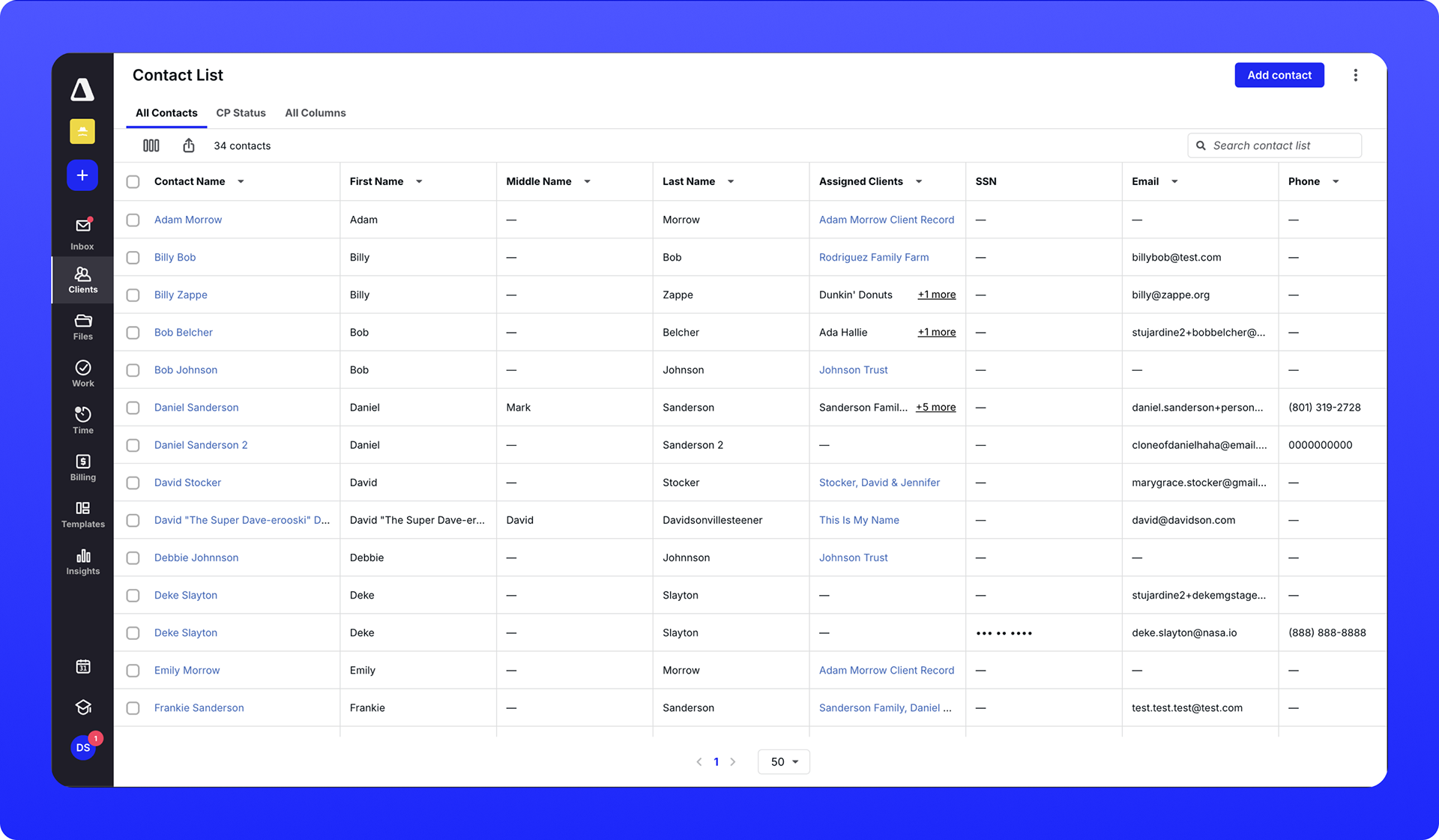 A brand new contact list to house contact data outside of client records