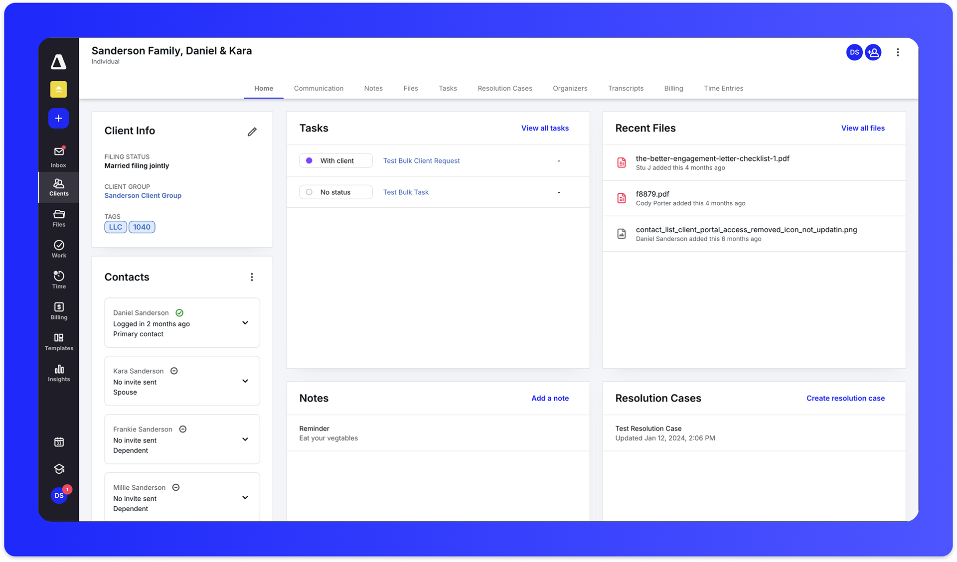 An updated client record with a brand new area for contacts
