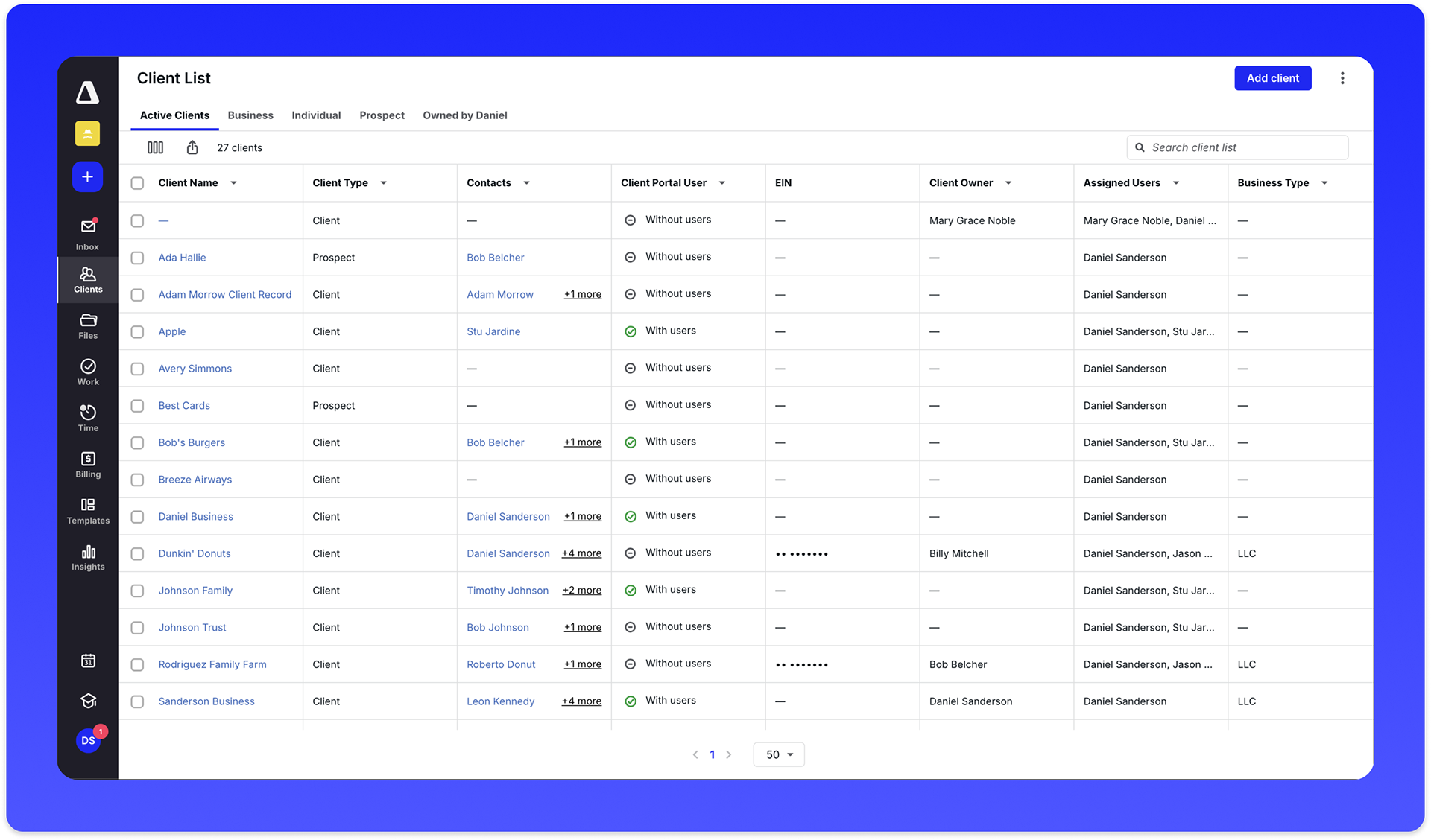 Updated client list with affordances for new contact structure