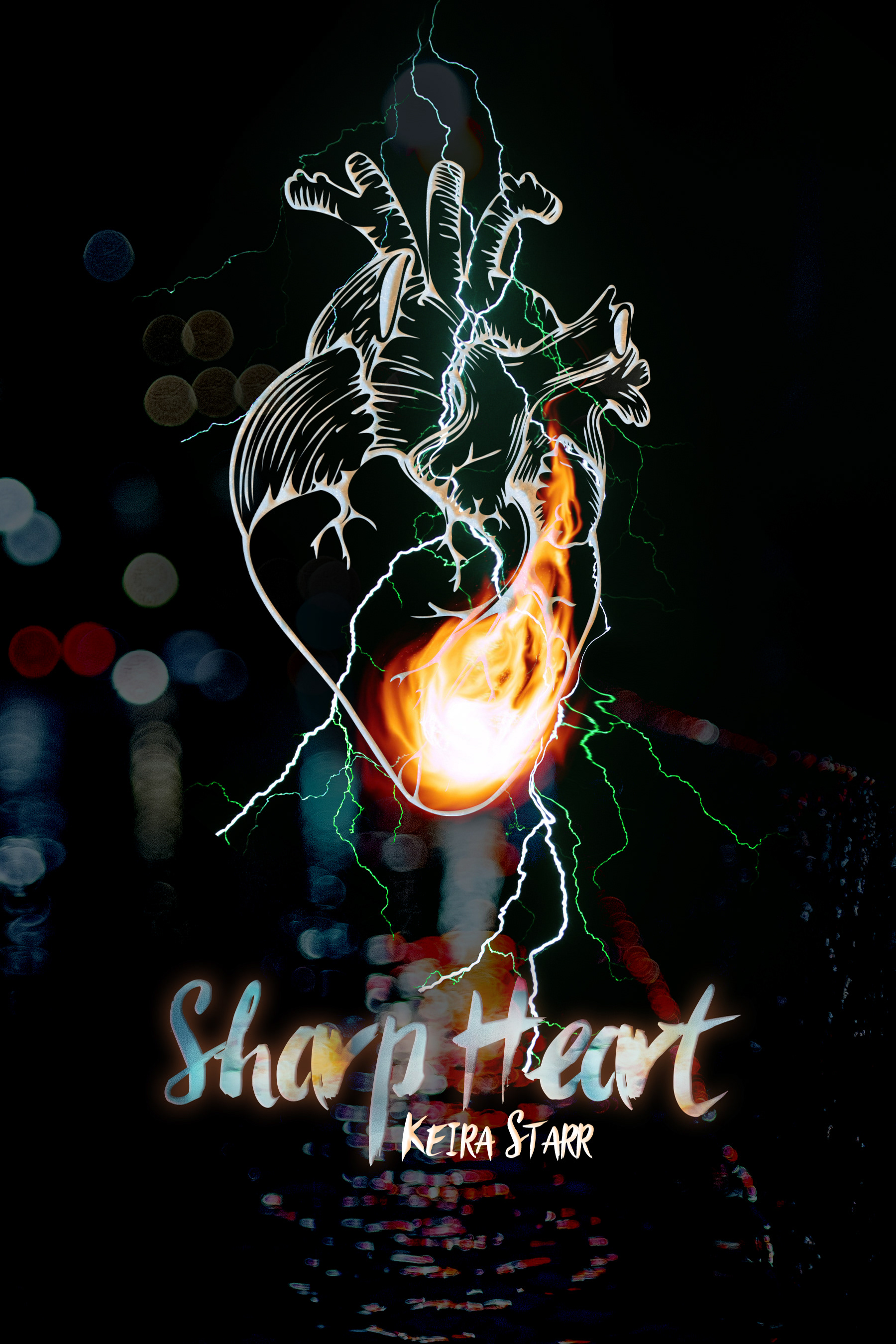 2021. A tale of superpowers and broken hearts, I had the lightning strike roughly follow the lines of the heart, while a flame grew up from below. Set against a dark and rainy city