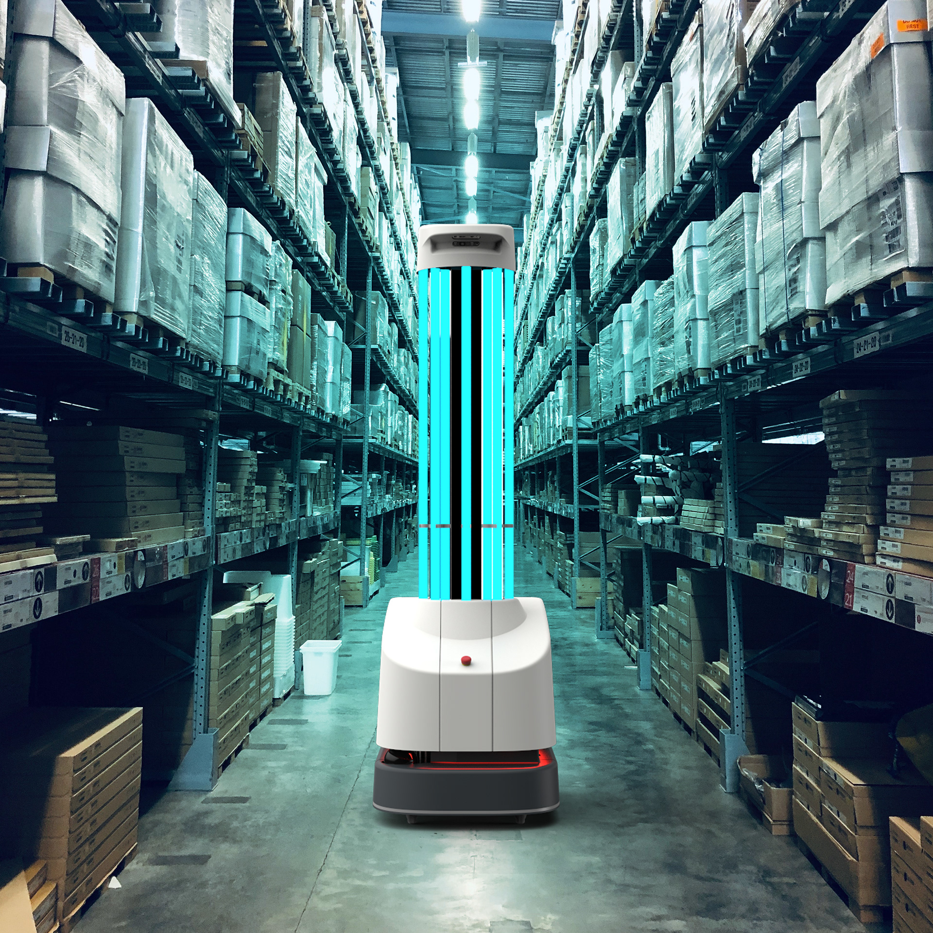 Still of UV-C robot in a warehouse