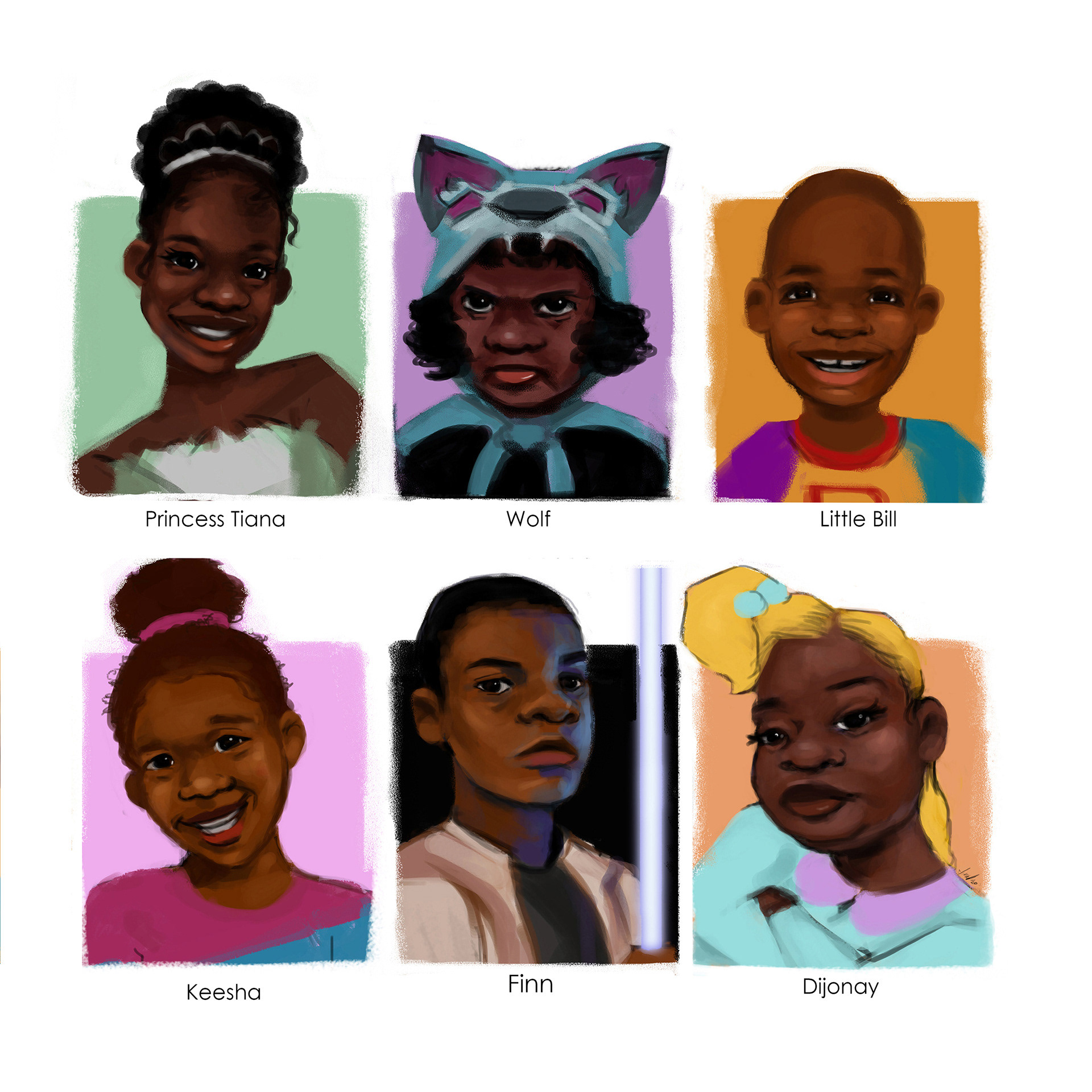 Drawn for the Sixfanarts meme on Instagram. I drew Princess Tiana, Wolf from KIPO, Little Bill, Keesha from Magic School Bus, Finn from Stars Wars and Dijonay from Proud Family.