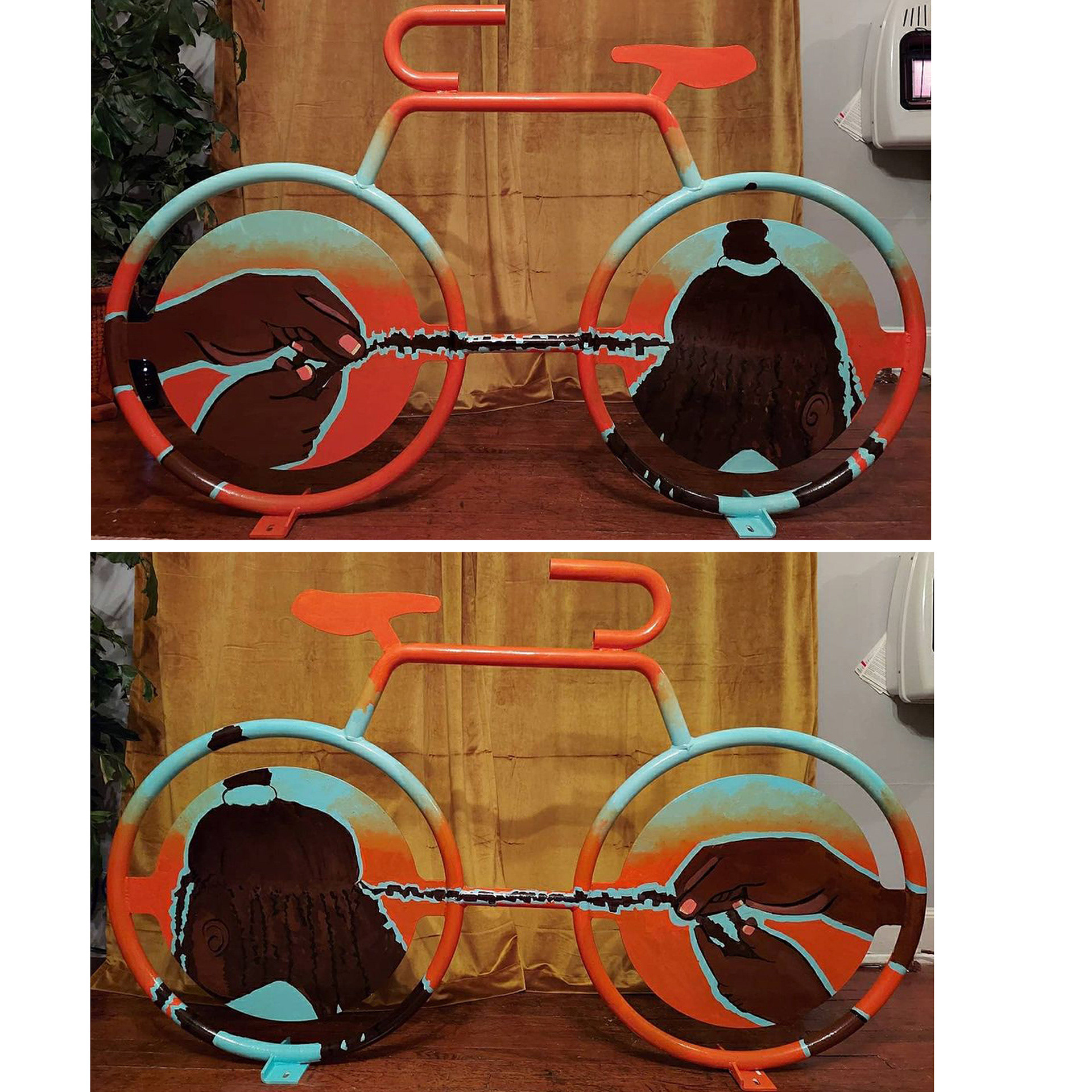Both sides of bike mural presented. Thank you ATL Mayors Office of Cultural Affairs for selecting me as one of the artists to paint this mural. I can't wait to see a bike chained to it. Completed 2020.