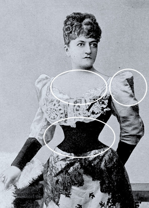 Squared neckline, slight volumed sleeves, nipped waistline through a corset