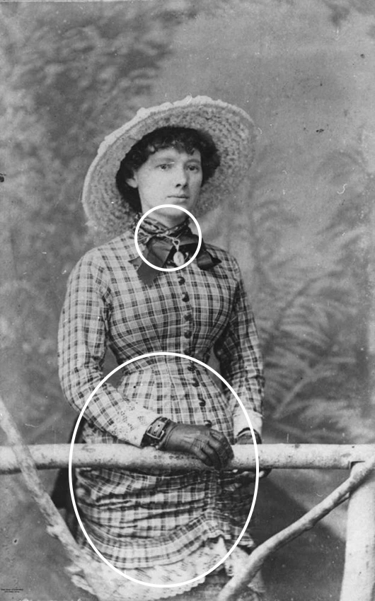 High neckline and fitted sleeves. Pelise inspired garment to fit the fashion of the late 1800's