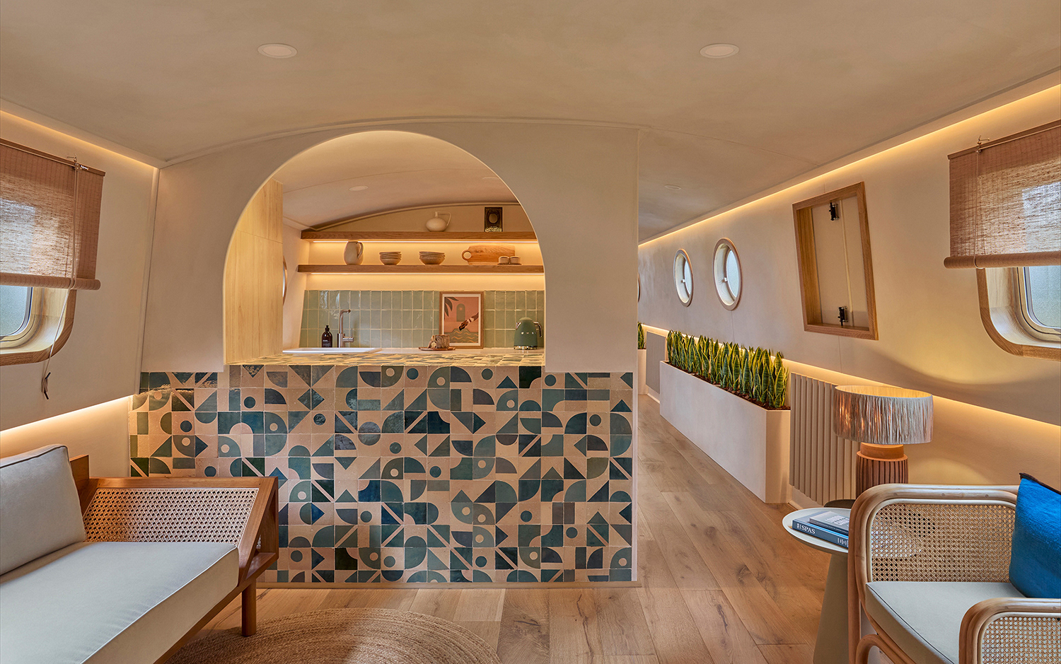 london commercial interior photography of maria alexander spa boat in london canal