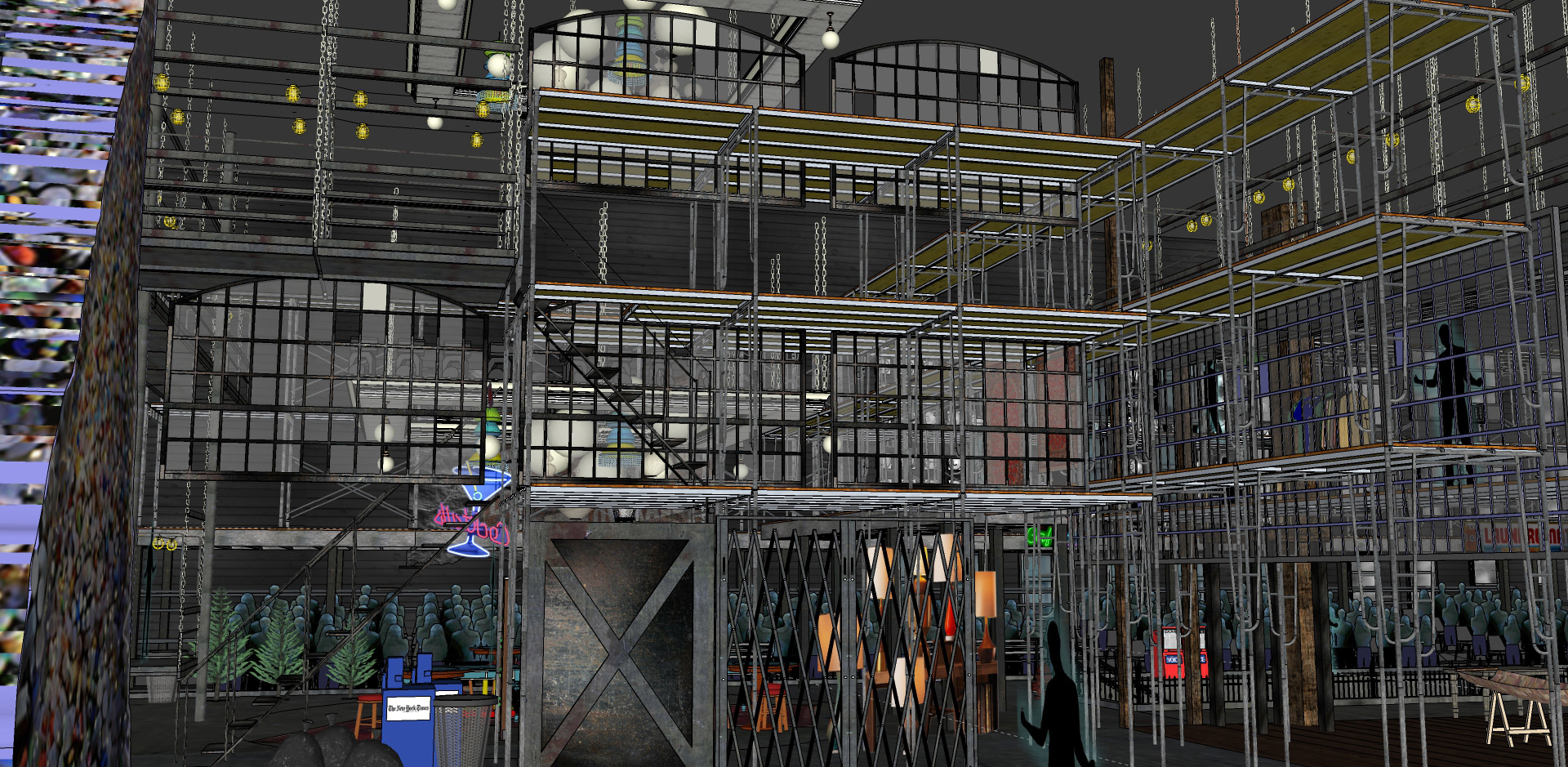 3D model of scaffolding and industrial windows