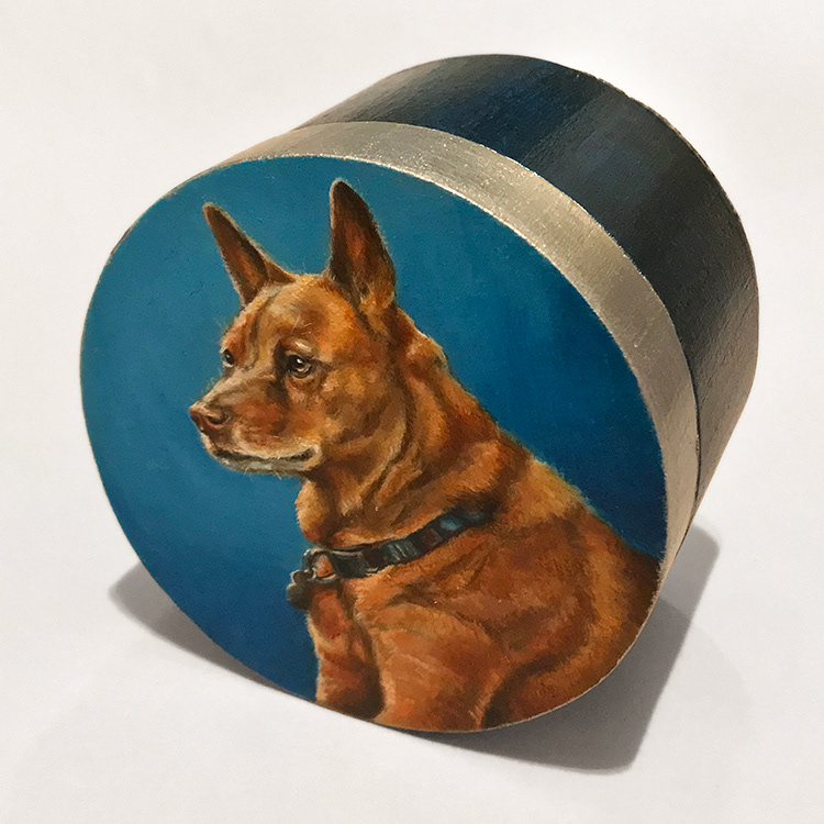 “Cleo Box”, H:3in.xDia.:3in., oil, acrylic, and embossed paper on wood