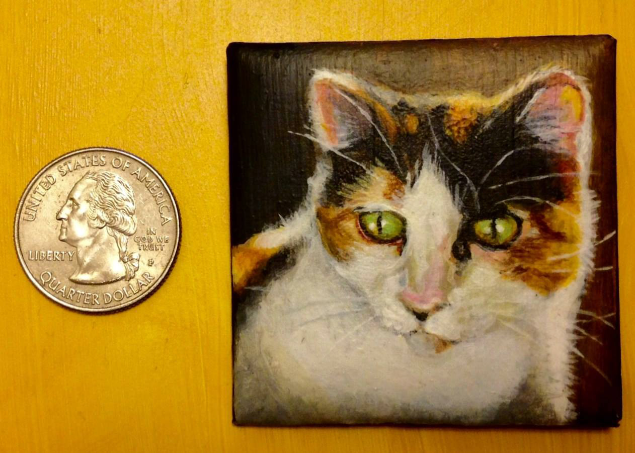 “Firecat", 2x2in, acrylic on re-purposed pin-back badge