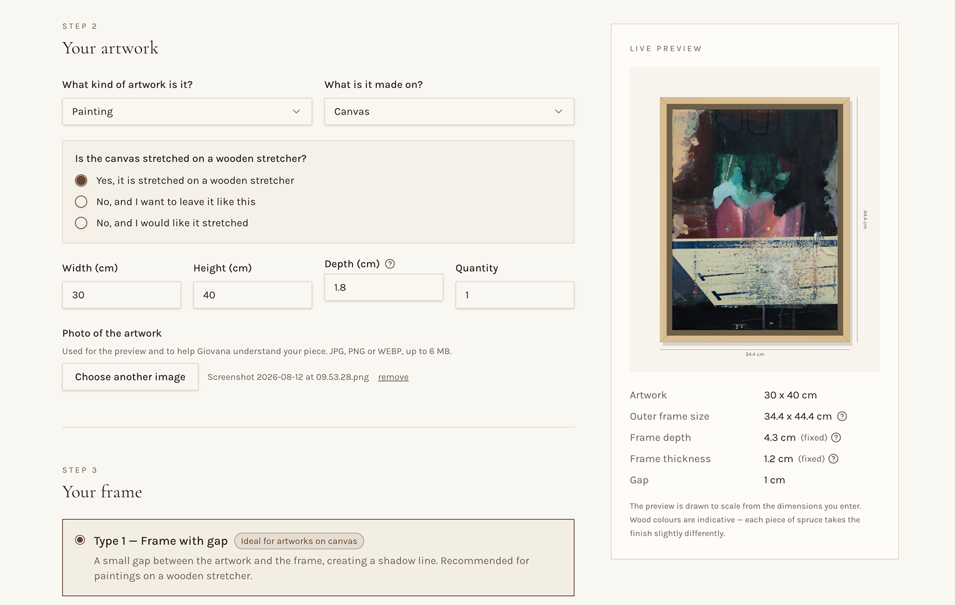 Free live preview and quote form for handmade custom wooden frame in Antwerp.