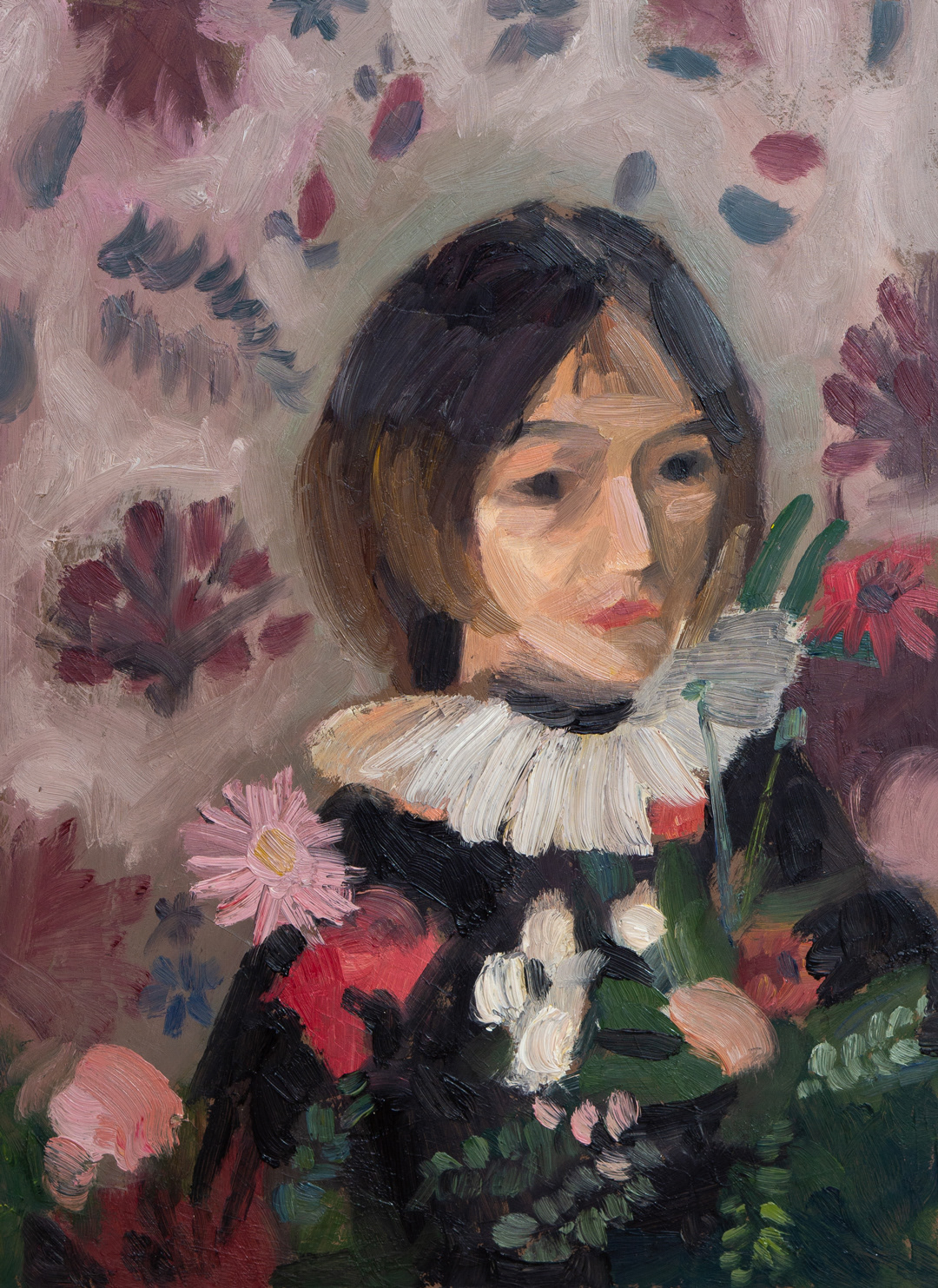 Girl Around Flowers, 2024 - Oil on Cardboard (38.6 x 27.8cm) - Price: €32.19