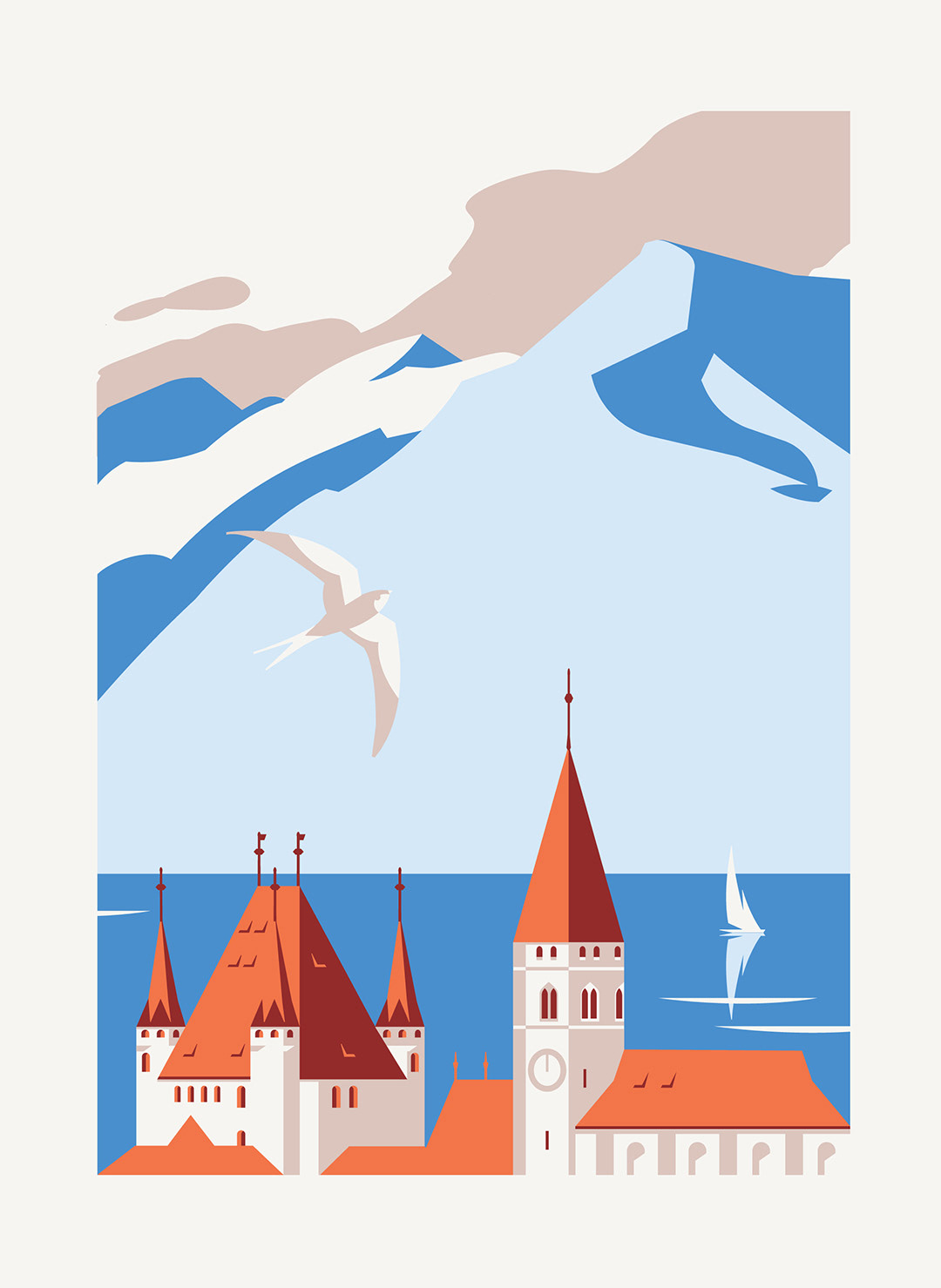 Thunsee, Switzerland, Thun Lake, vintage poster style vector illustration by Zurich based illustrator Tetiana Kava
