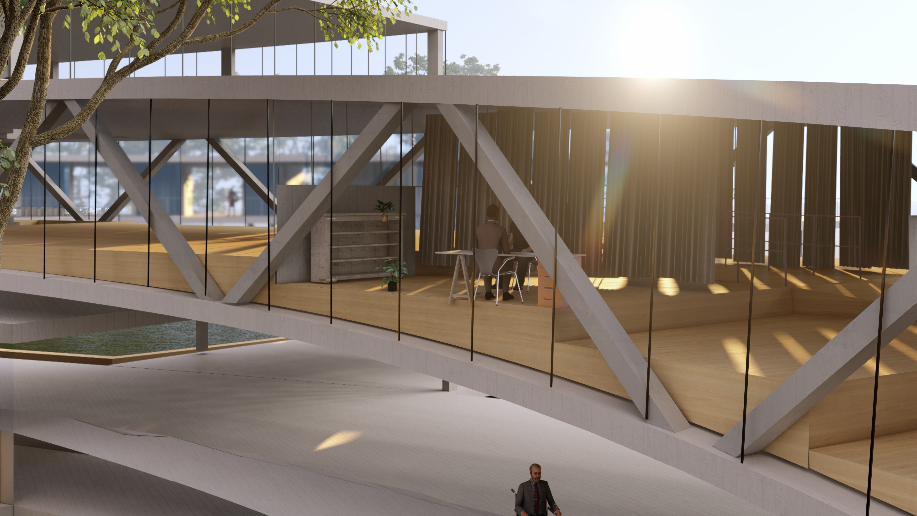 The design harmonizes with the site and nature while ensuring user privacy through the use of frosted glass, which allows natural light to enter.