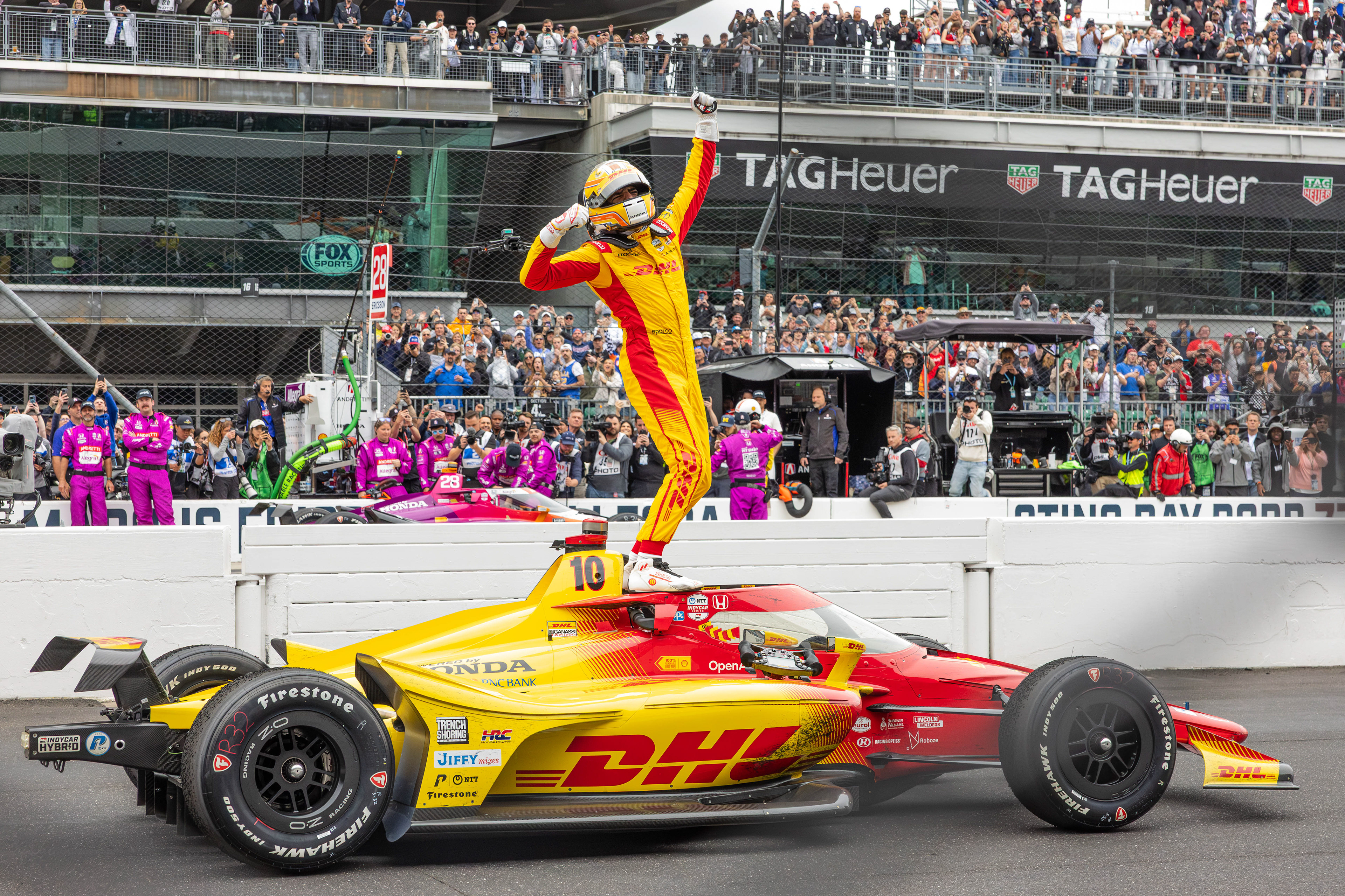 Alex Palou, driver of the No. 10 Honda for Chip Ganassi Racing in the NTT INDYCAR Series, celebrates on the frontstretch after winning the 2025 Indianapolis 500, at the Indianapolis Motor Speedway, located in Speedway, Indiana, on May 25, 2025.