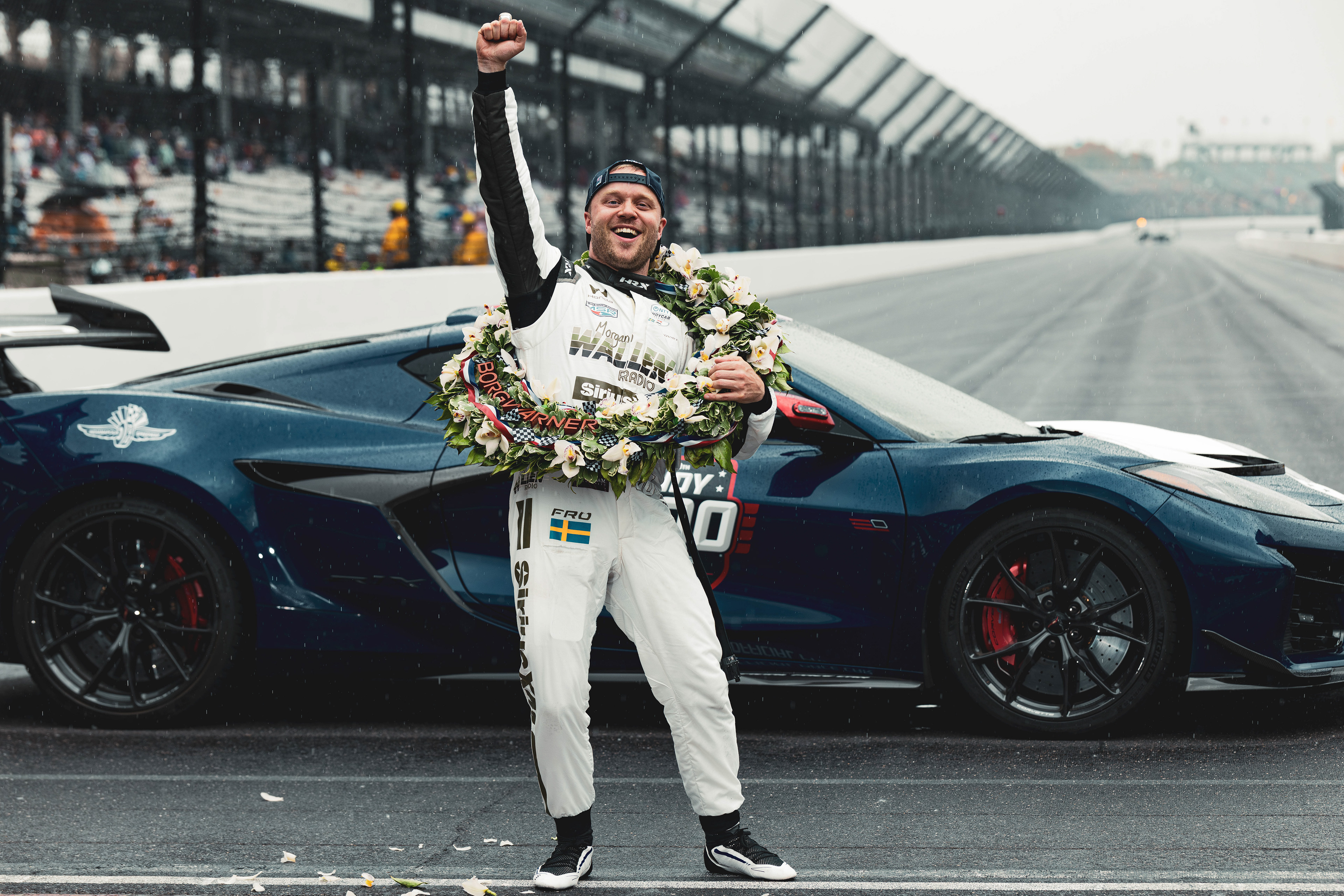 Felix Rosenqvist, driver of the No. 60 Honda for Meyer Shank w/ Curb-Agajanian, celebrates on the start/finish line after winning the 110th Indianapolis 500 by edging out David Malukas, driver of the No. 12 Chevrolet for Team Penske, by 0.0233 seconds, in Speedway, Indiana, on May 24, 2026.