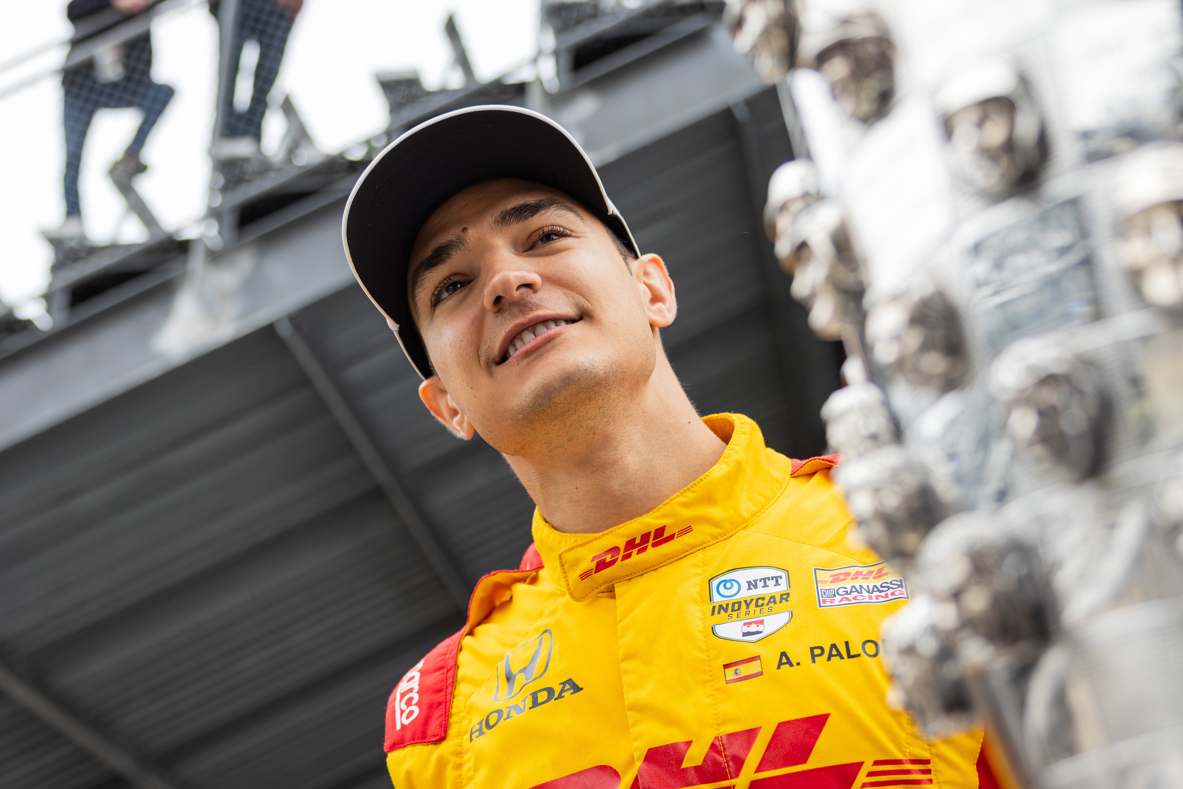 Alex Palou, driver of the No. 10 Honda for Chip Ganassi Racing in the NTT INDYCAR Series, looks over the Borg-Warner Trophy after winning the 2025 Indianapolis 500, at the Indianapolis Motor Speedway, located in Speedway, Indiana, on May 25, 2025.