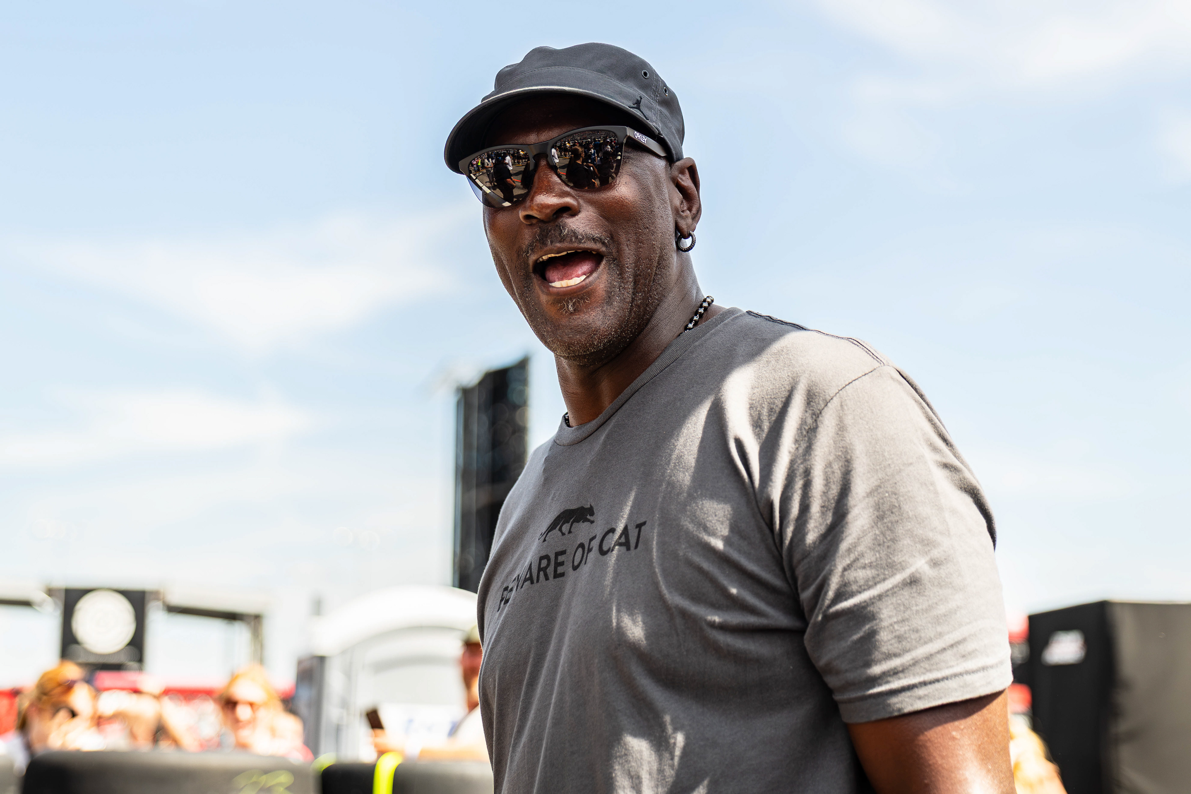 23XI Racing owner Michael Jordan talks to fans prerace before the Enjoy Illinois 300 at World Wide Technology Raceway, in Madison, Illinois, on September 13, 2026.