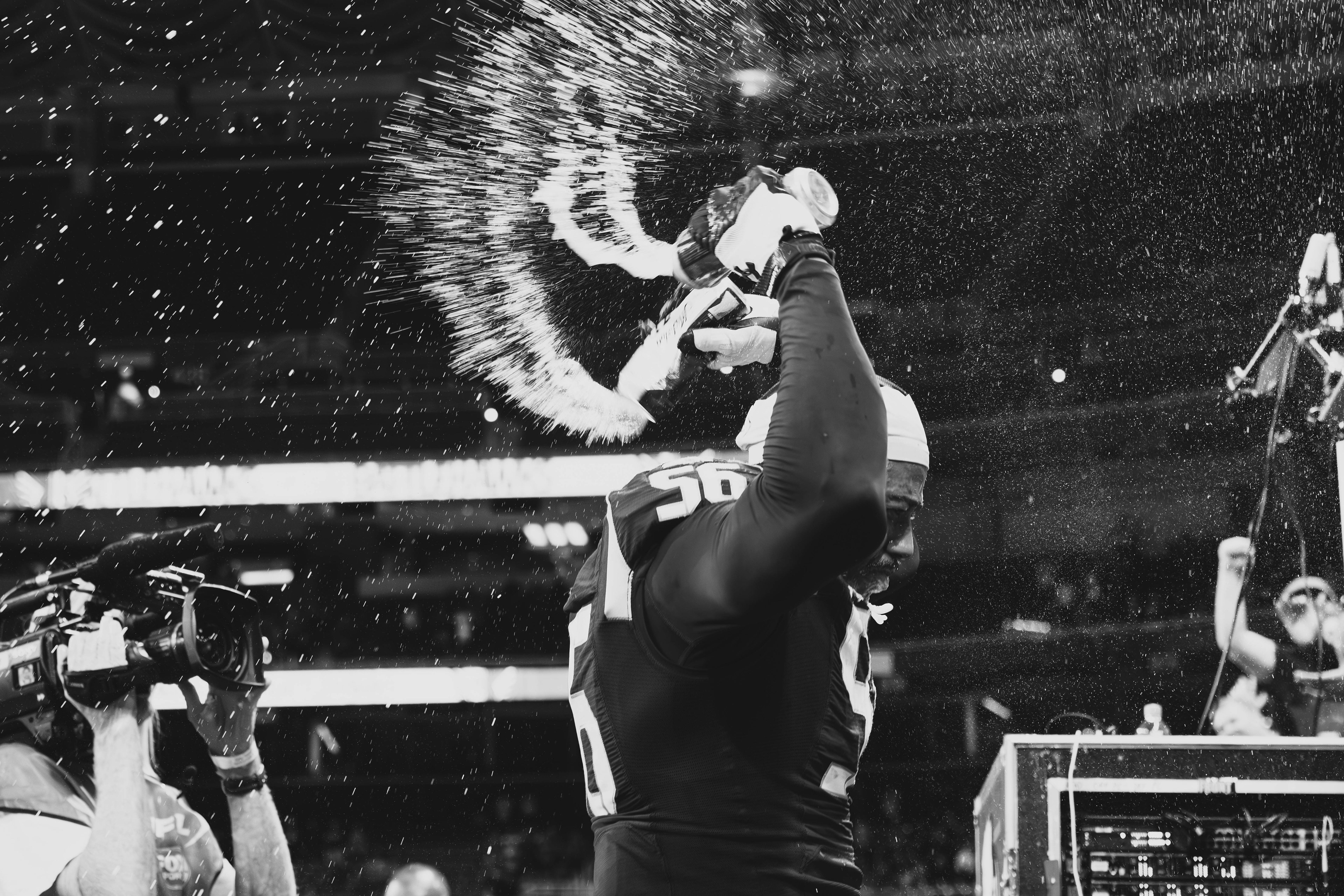 Travis Feeney, linebacker for the St. Louis Battlehawks, celebrates postgame after defeating the Birmingham Stallions by a score of 29-28, at the Dome at America's Center, located in St. Louis, Missouri, on May 17, 2025.
