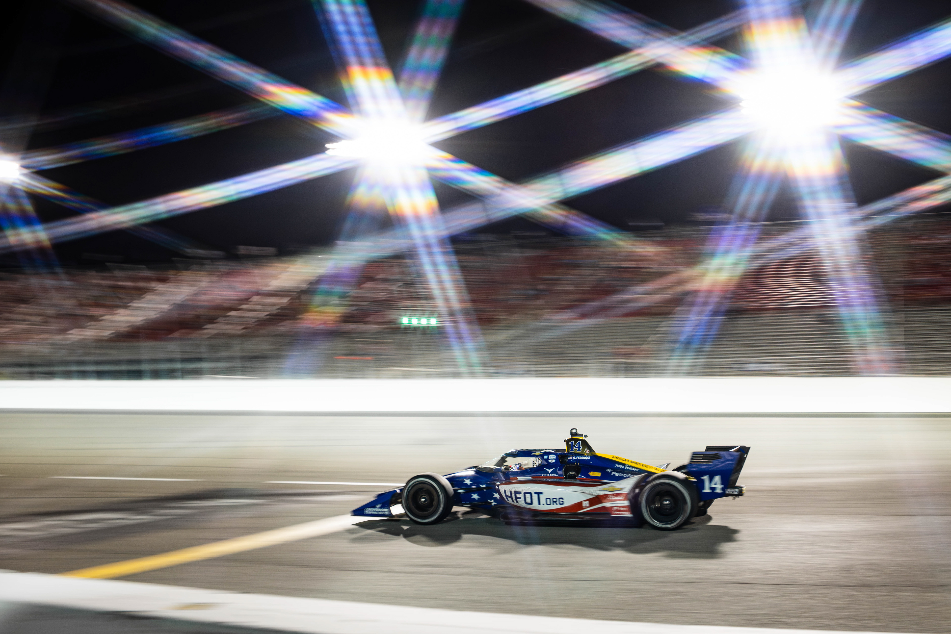 Santino Ferrucci, driver of the No. 14 Chevrolet for A.J. Foyt Enterprises, drives from pit lane during the Bommarito Automotive 500 at World Wide Technology Raceway, located in Madison, Illinois, on June 7, 2026.