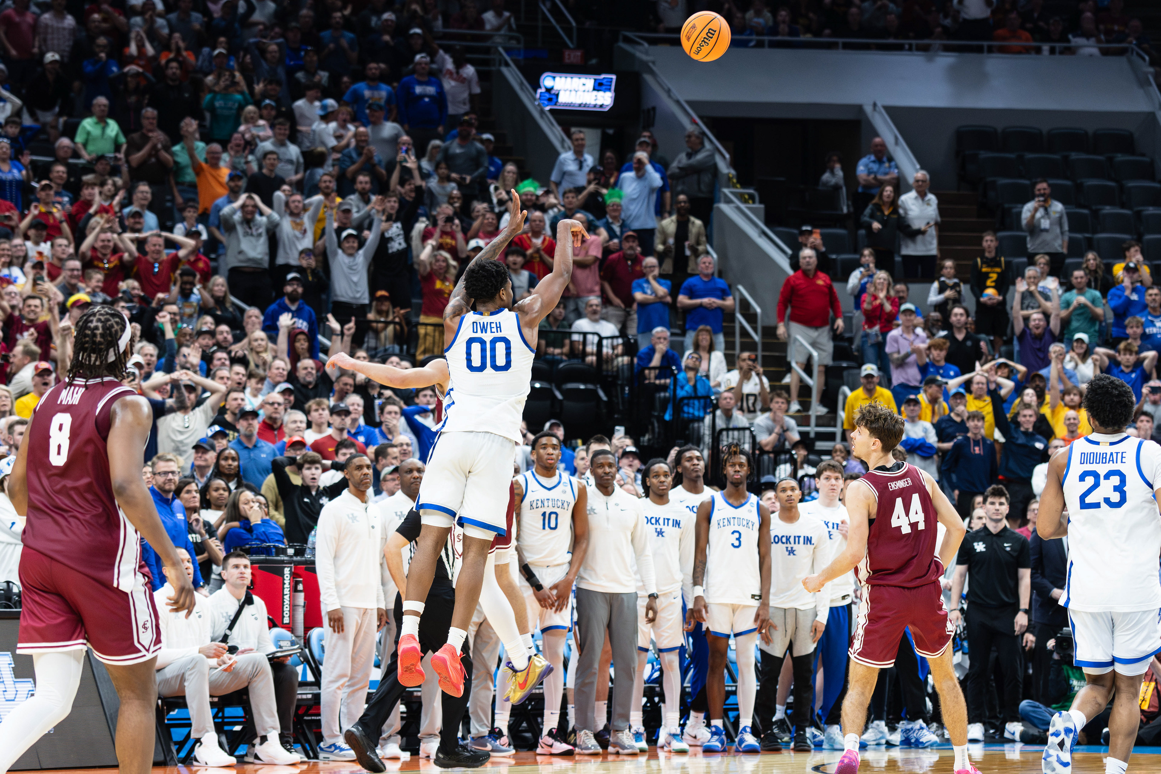 Kentucky basketball player Otega Oweh shoots the game-tying three-pointer at the buzzer of the second half of the March Madness Round of 64 game against Santa Clara, at the Enterprise Center, located in St. Louis, Missouri, on March 20, 2026.