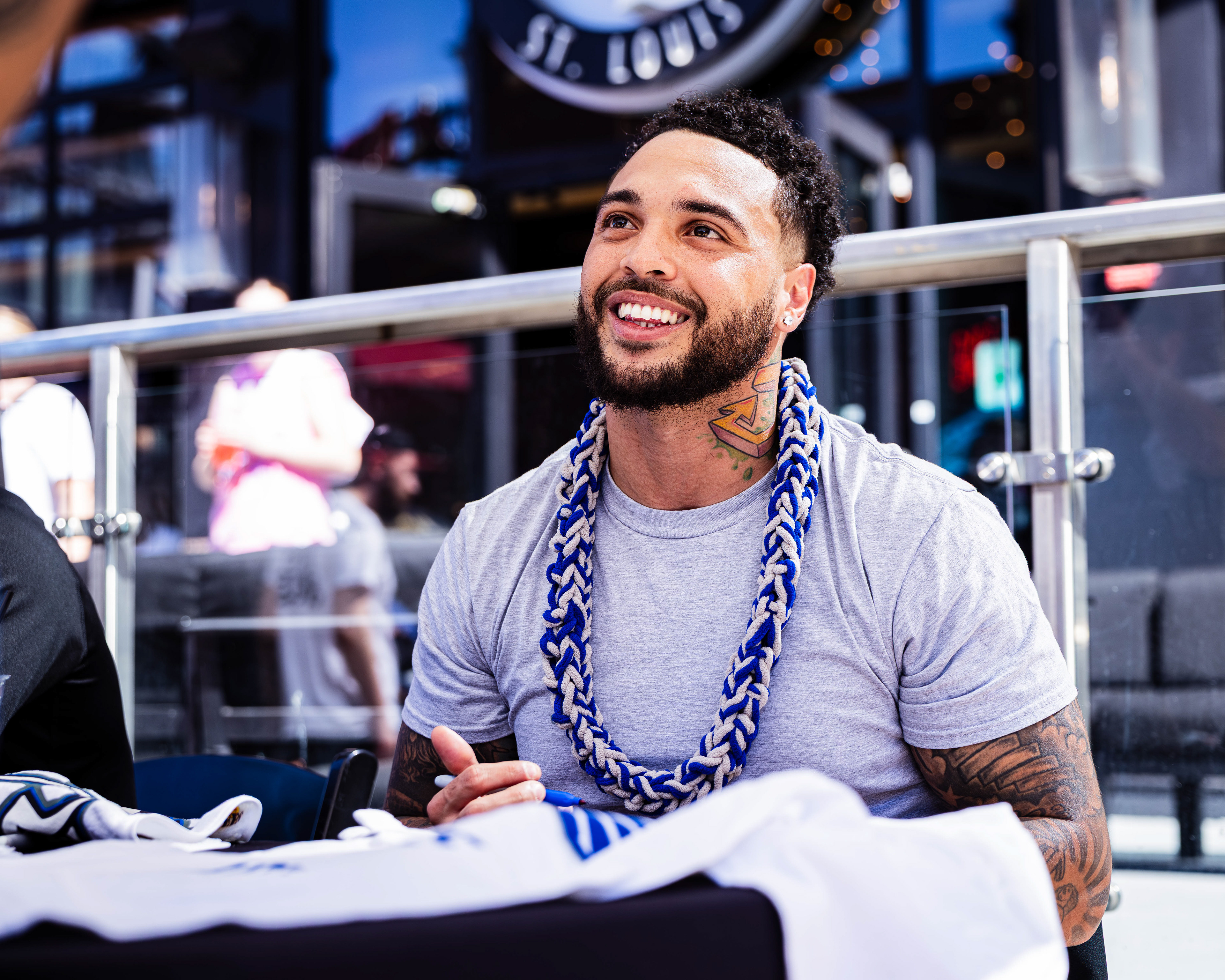 St. Louis Battlehawks linebacker Jordan Williams talks with fans at the Battlehawks Fan Fest, located at Ballpark Village in St. Louis, Missouri, on March 21, 2026.