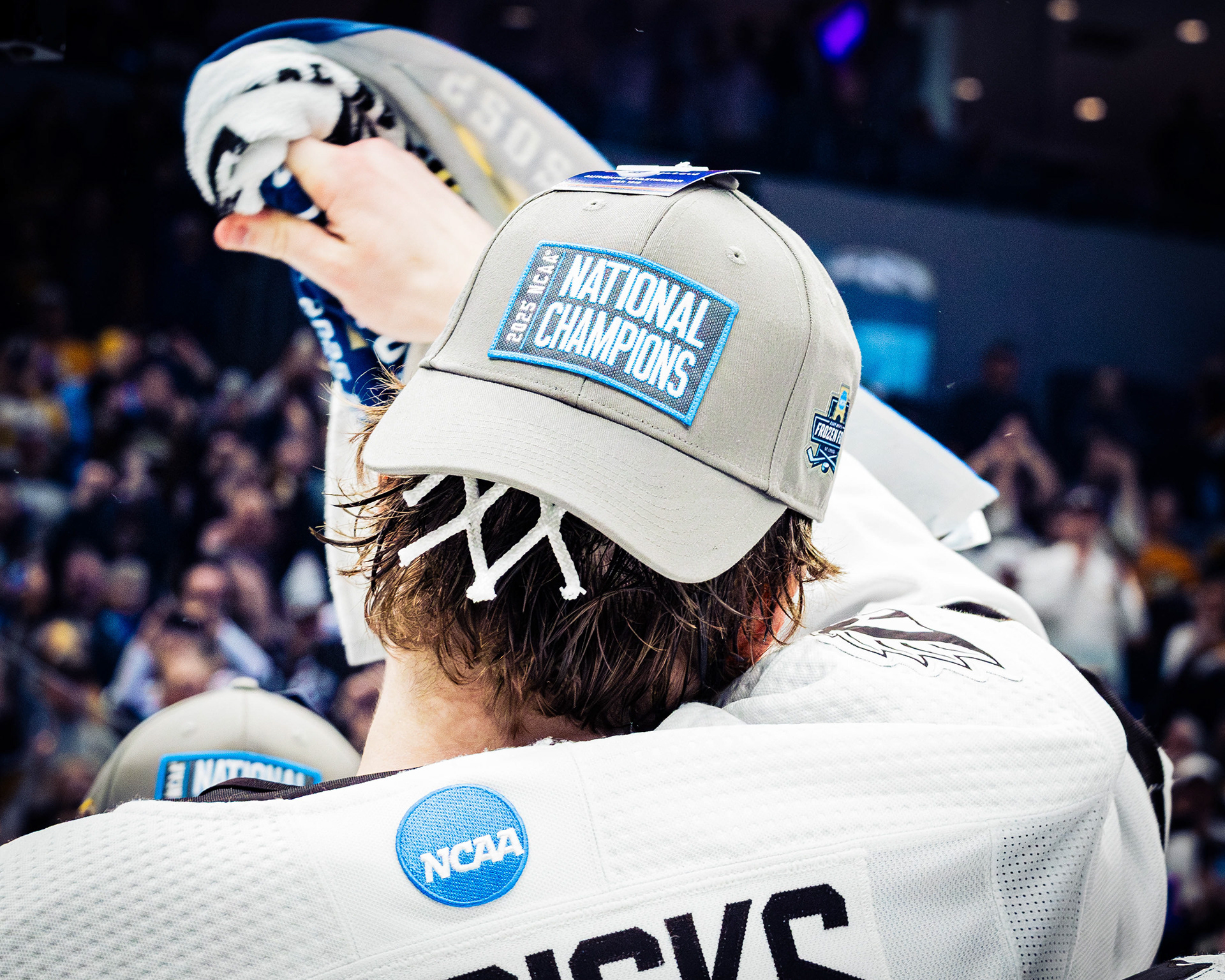 Western Michigan hockey player Ty Henricks celebrates after winning the 2025 NCAA Division 1 Men's Hockey Championship over Boston University by a score of 6-2, at the Enterprise Center, located in St. Louis, Missouri, on April 12, 2025.