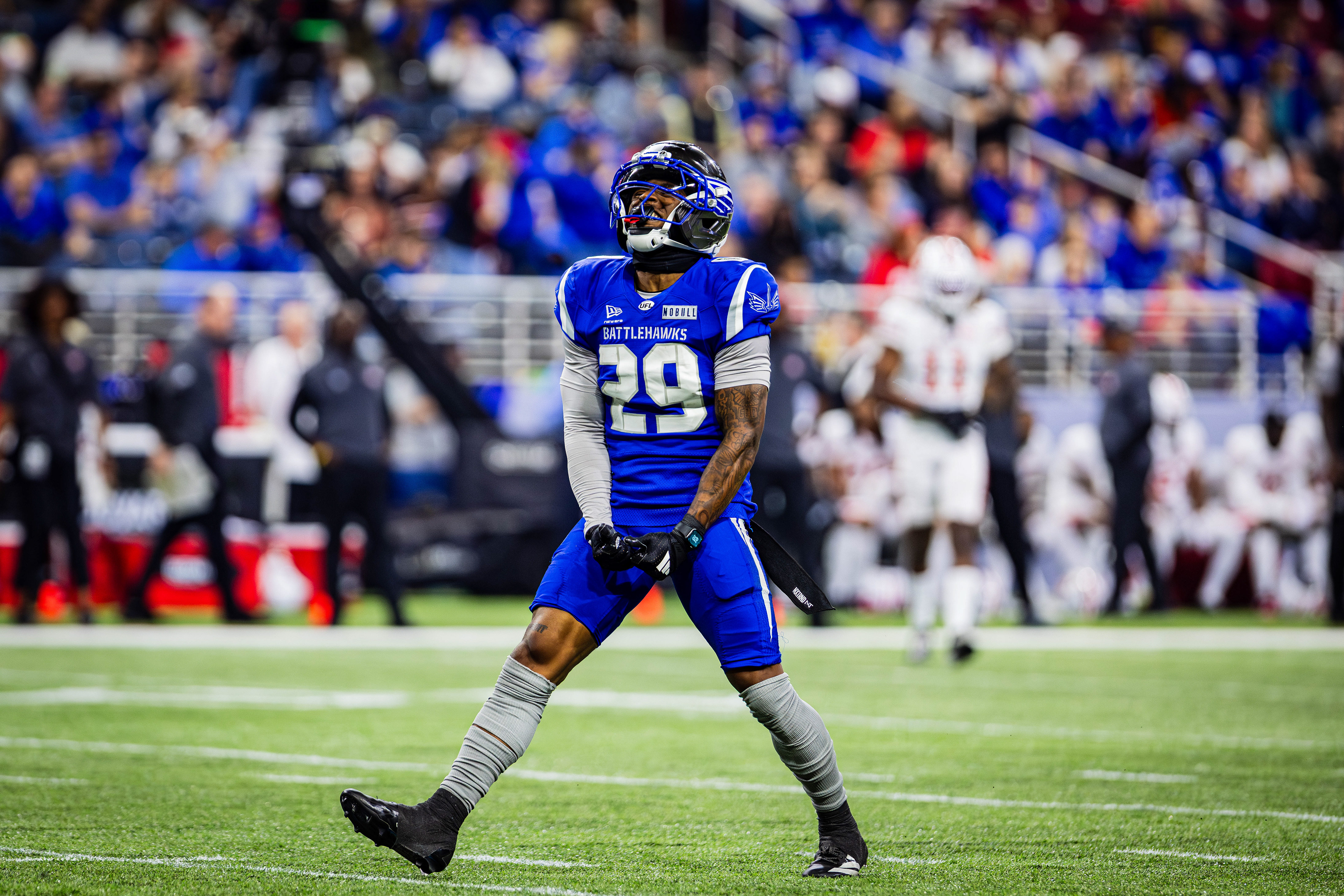 St. Louis Battlehawks cornerback Sean Fresch celebrates a successful sack during the game against the DC Defenders at The Dome at America's Center, located in St. Louis, Missouri, on March 28, 2026.