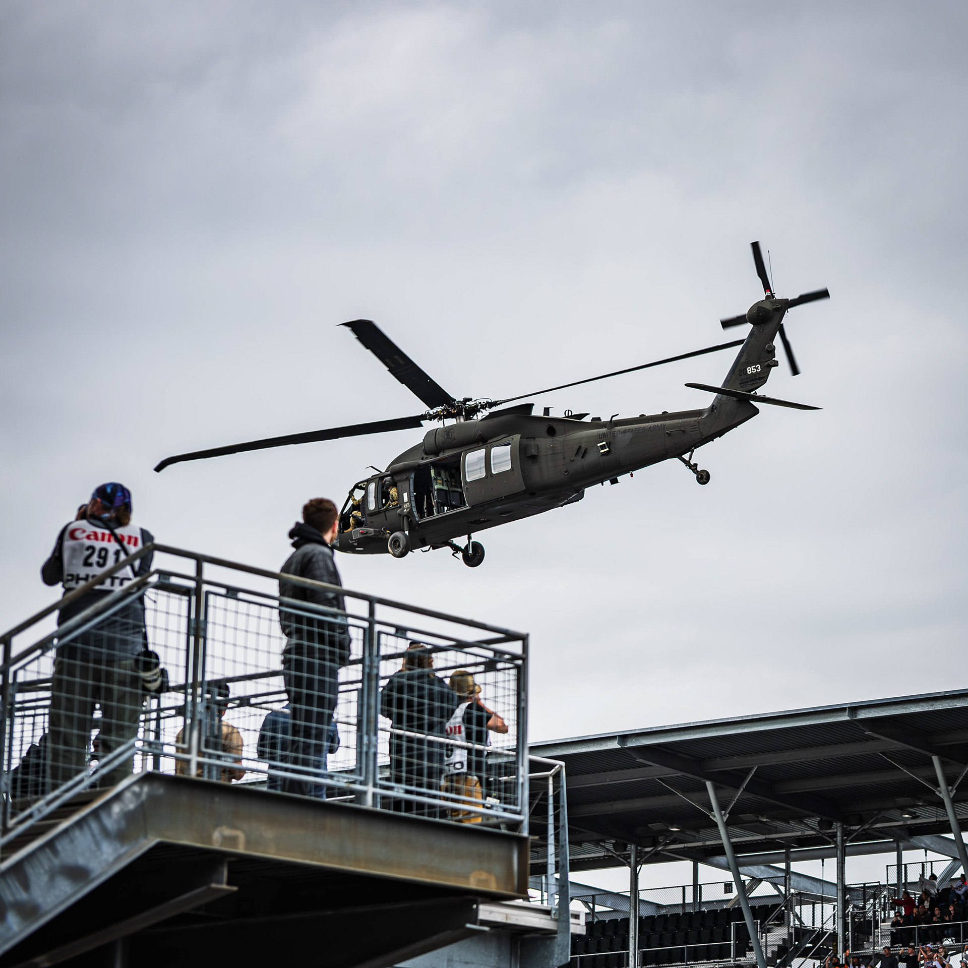 A military flyover is performed during Carb Day at the Indianapolis Motor Speedway, located in Speedway, Indiana, on May 22, 2026.