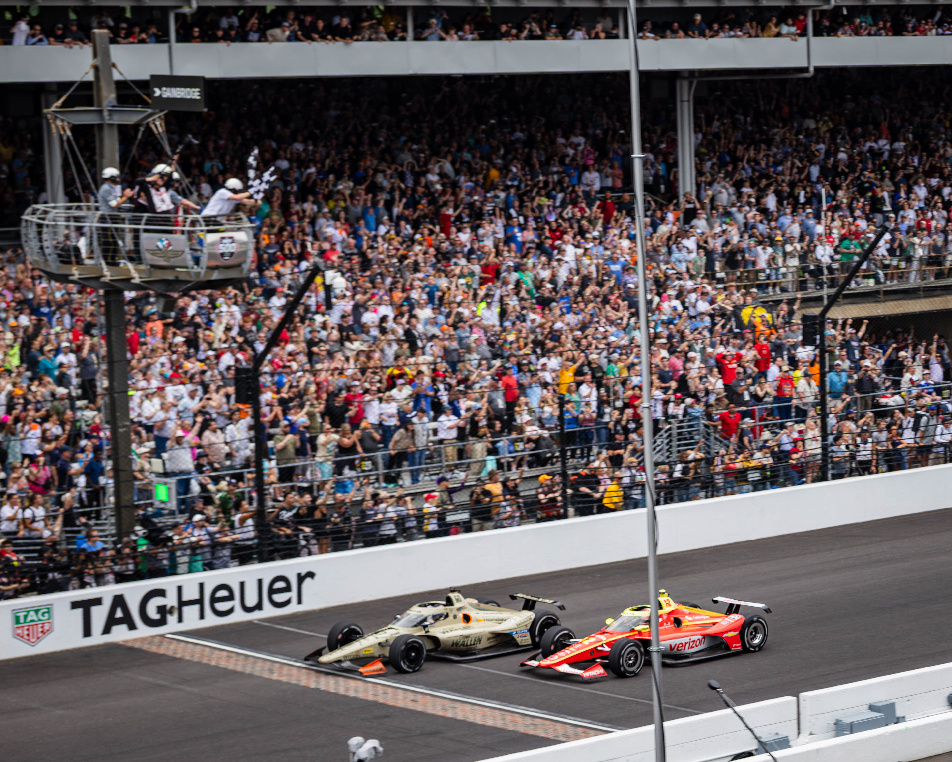Felix Rosenqvist, driver of the No. 60 Honda for Meyer Shank w/ Curb-Agajanian, edges out David Malukas, driver of the No. 12 Chevrolet for Team Penske, by 0.0233 seconds to win the 110th Indianapolis 500, at the Indianapolis Motor Speedway, located in Speedway, Indiana, on May 24, 2026.
