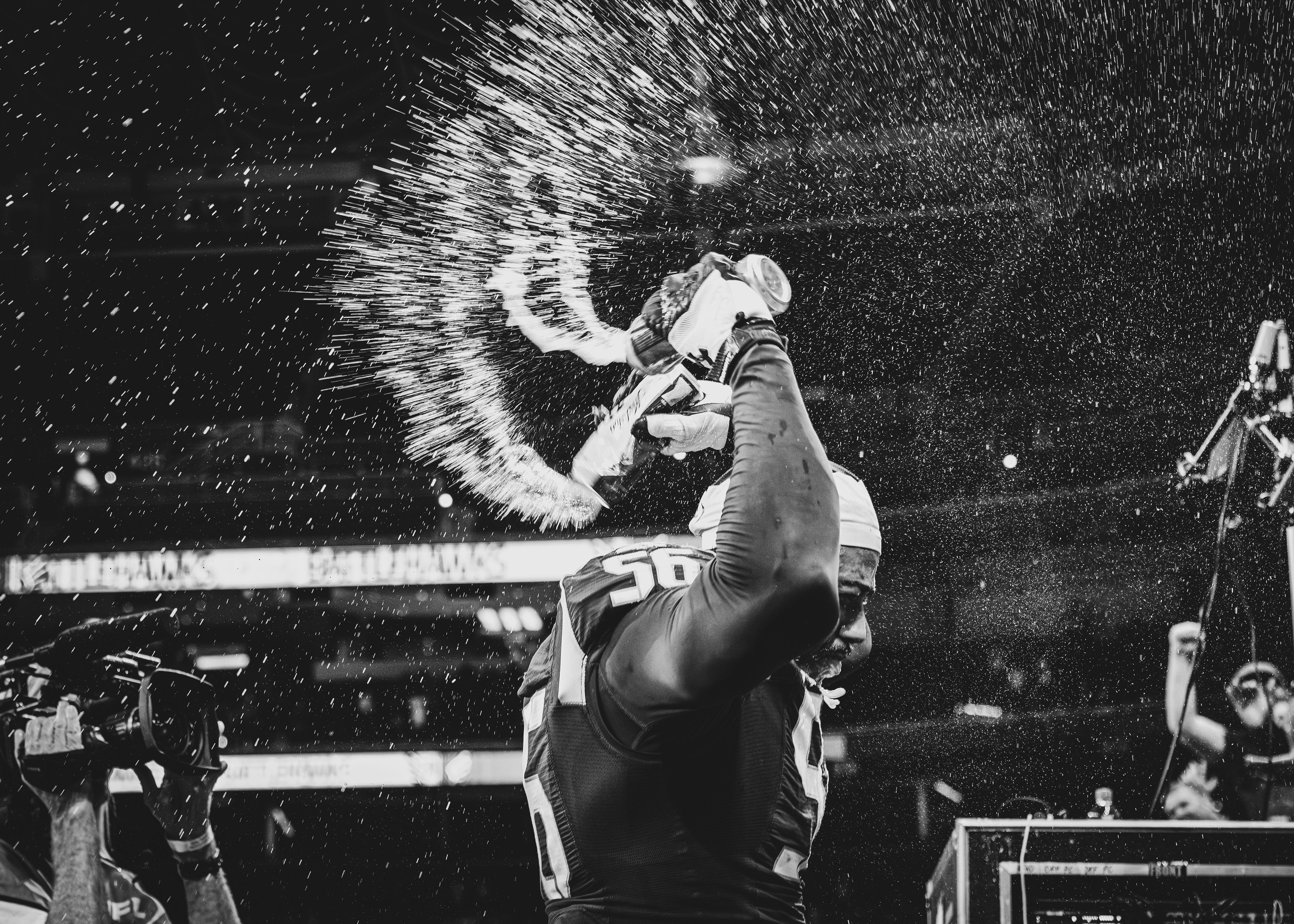 Travis Feeney, linebacker for the St. Louis Battlehawks, celebrates postgame after defeating the Birmingham Stallions by a score of 29-28, at the Dome at America's Center, located in St. Louis, Missouri, on May 17, 2025.