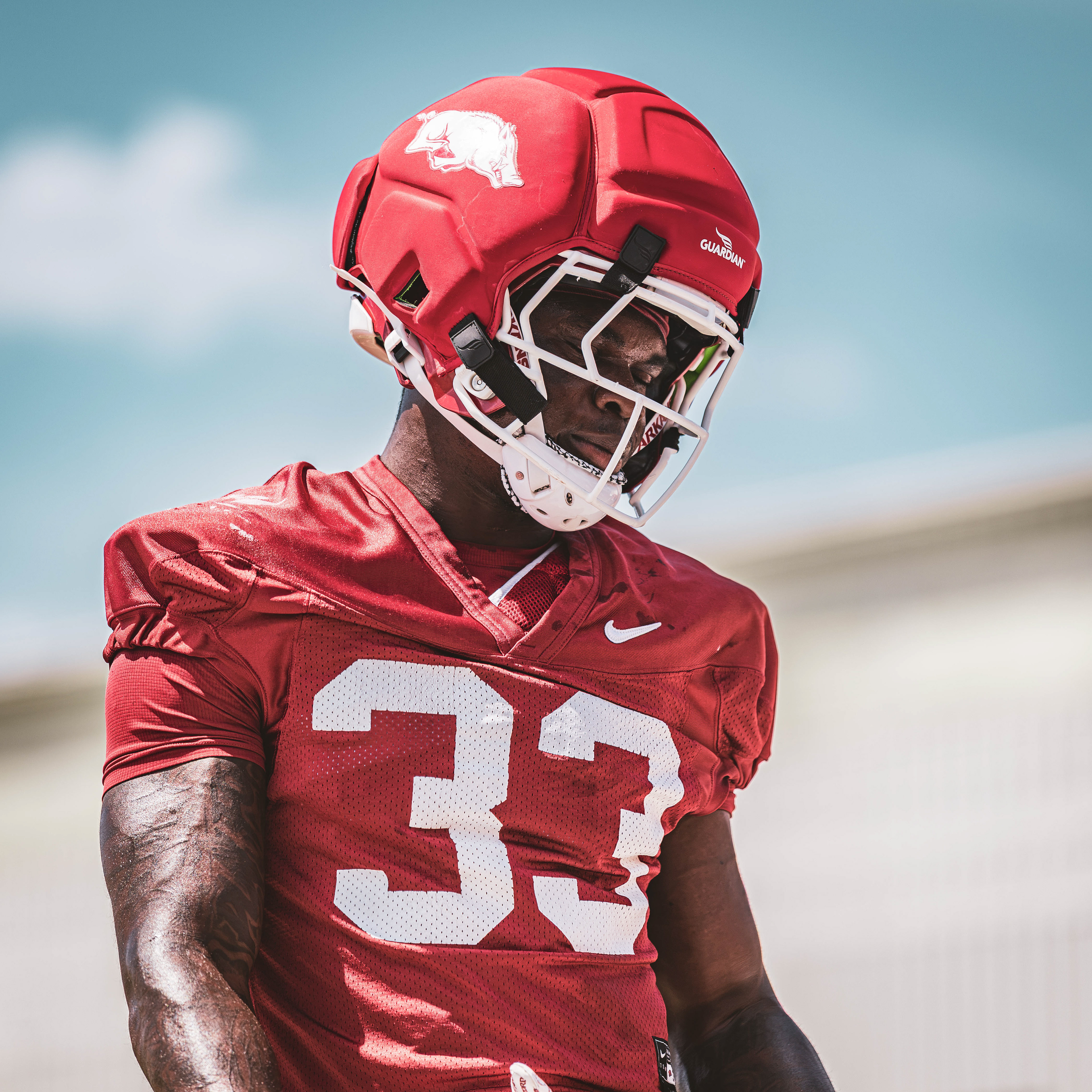 Arkansas Razorbacks football player Jakore Smith looks on during preseason practice on August 15, 2026.