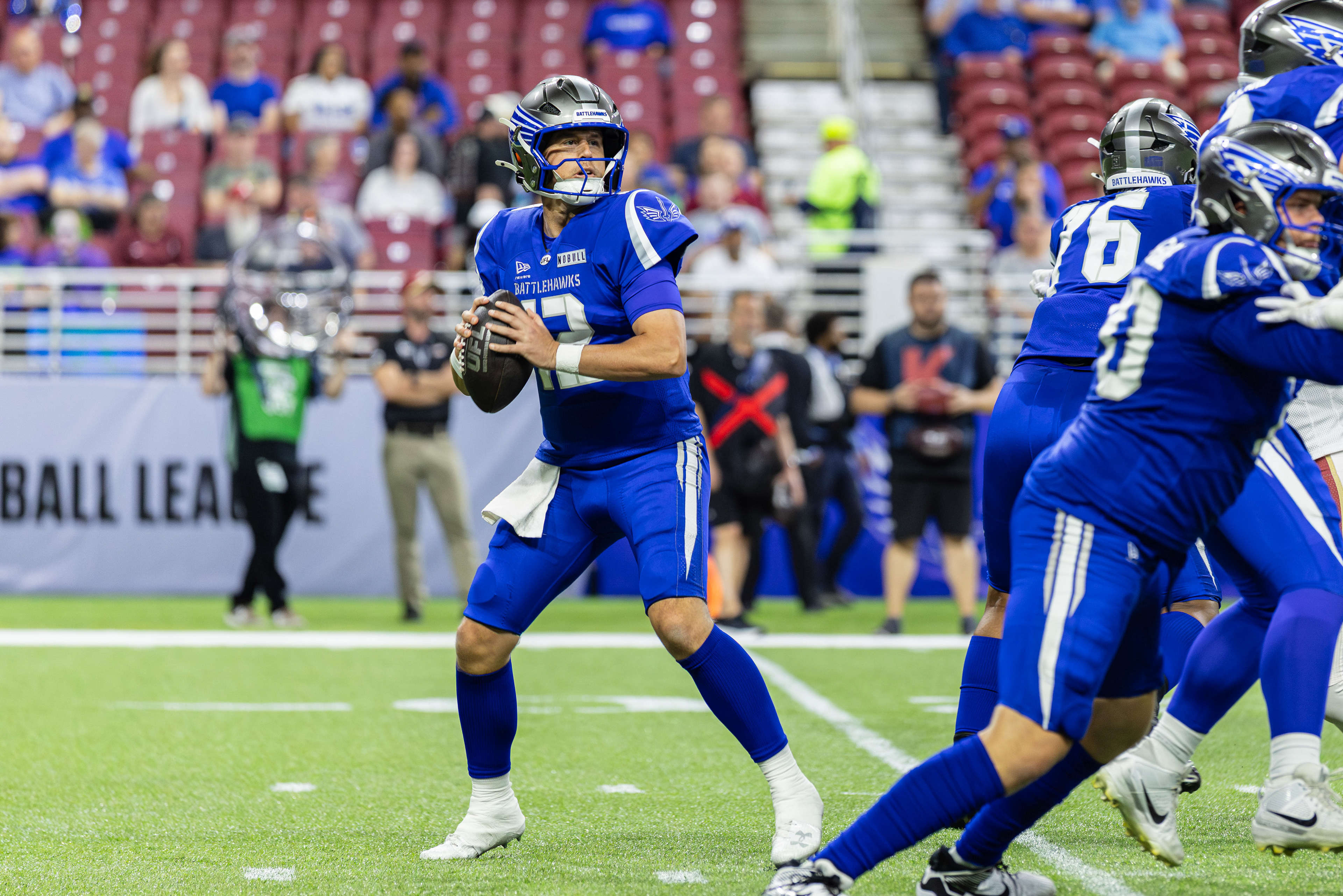 St. Louis Battlehawks quarterback Brandon Silvers looks to pass the football in the United Football League game against the Birmingham Stallions, at the Dome at America's Center, in St. Louis, Missouri, on April 12, 2026. 