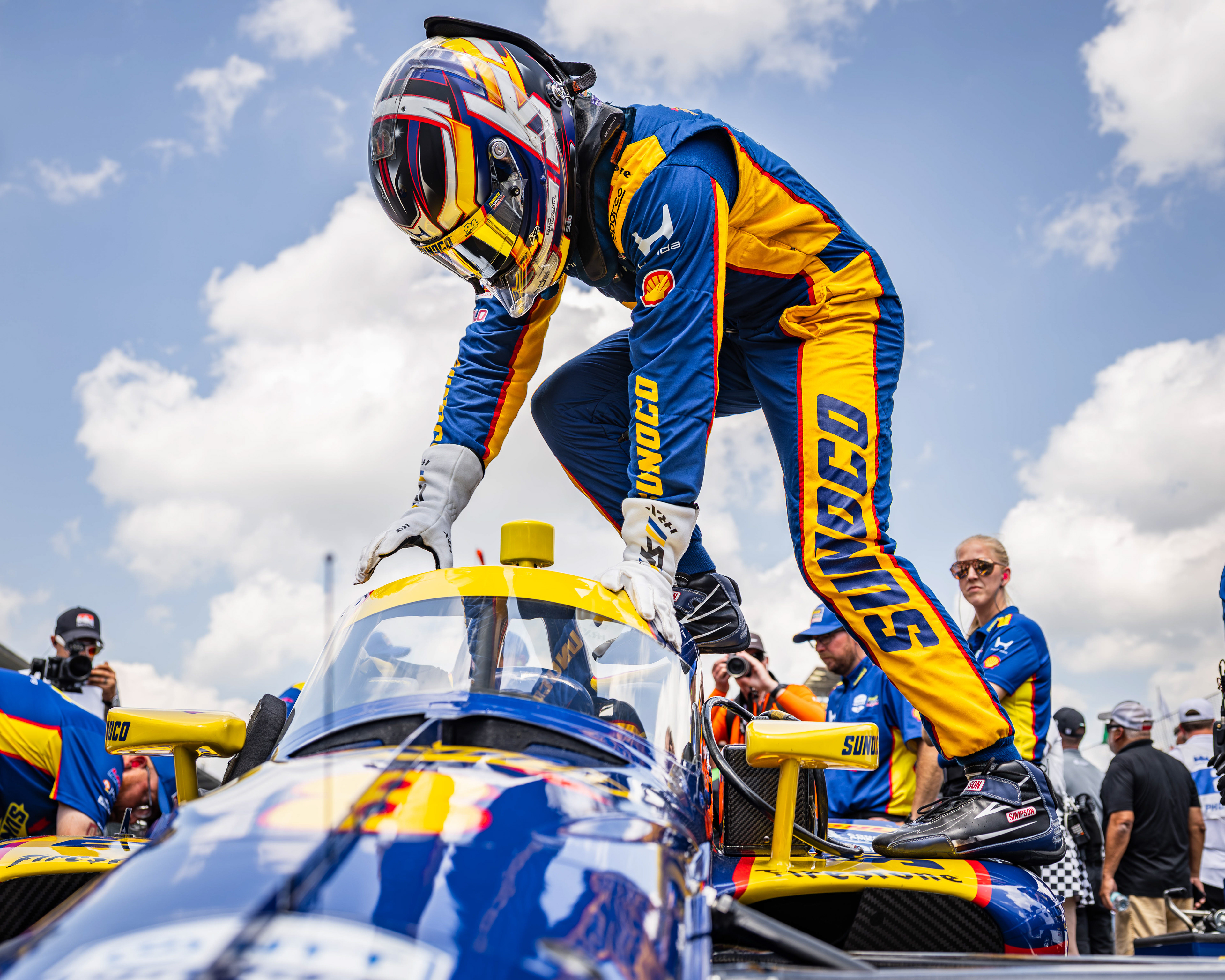 INDYCAR Series driver Kyffin Simpson climbs into his car during Day 1 of Indy 500 qualifying at the Indianapolis Motor Speedway, on May 18, 2026.