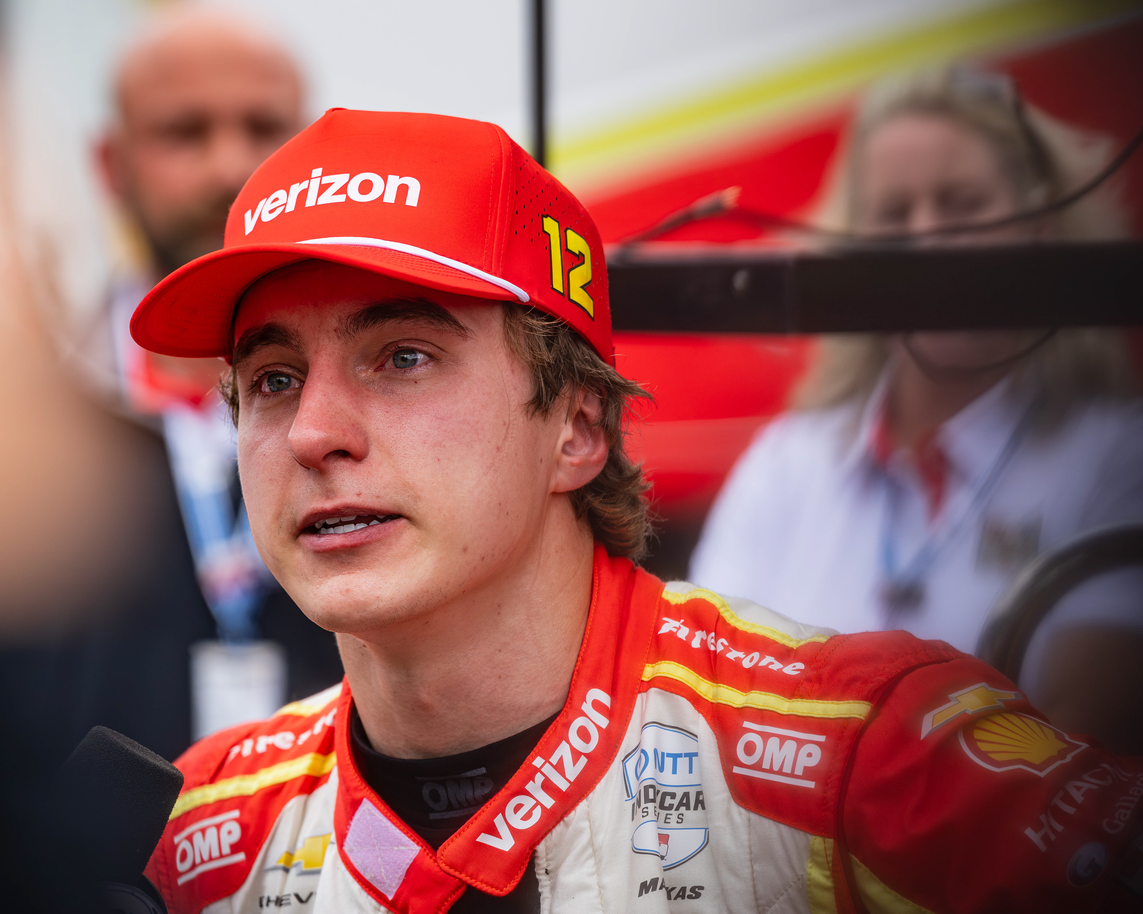 David Malukas, driver of the No. 12 Chevrolet for Team Penske, looks on postrace after losing the 110th Indianapolis 500 by 0.0233 seconds to Felix Rosenqvist, at the Indianapolis Motor Speedway, located in Speedway, Indiana, on May 24, 2026.