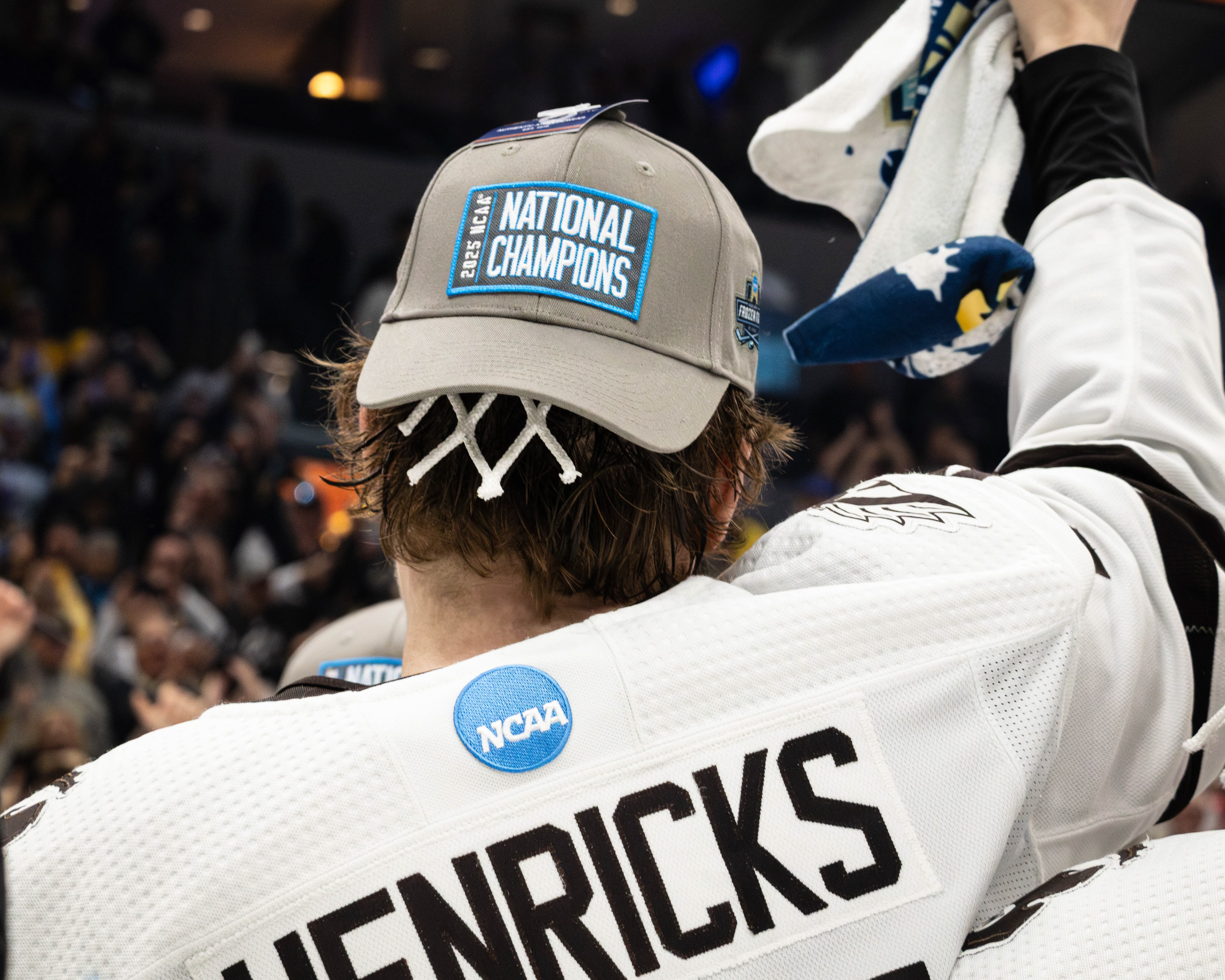 Western Michigan hockey player Ty Henricks celebrates after winning the 2025 NCAA Division 1 Men's Hockey Championship over Boston University by a score of 6-2, at the Enterprise Center, located in St. Louis, Missouri, on April 12, 2025.