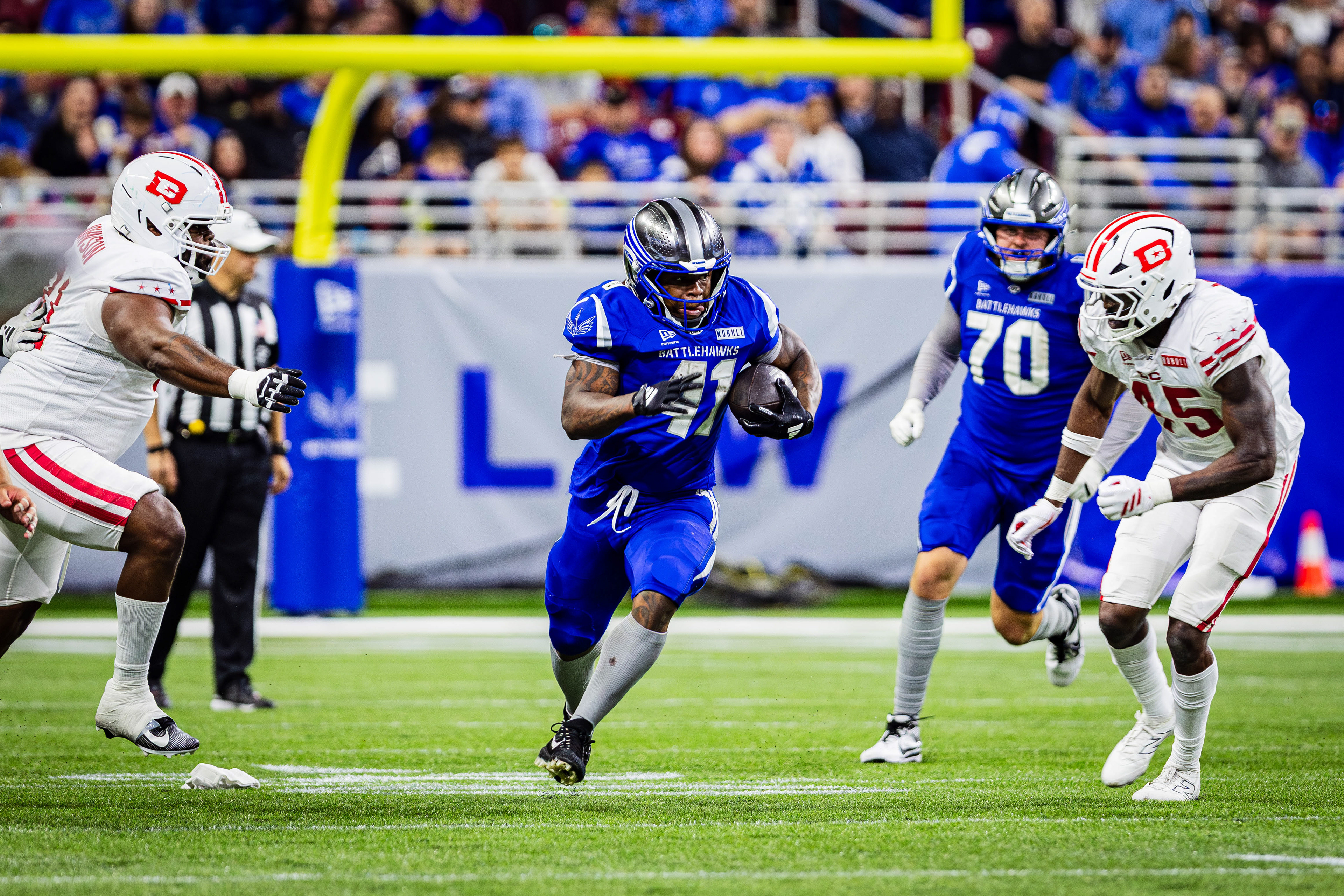 St. Louis Battlehawks running back Jarveon Howard rushes the football up the field during the game against the DC Defenders at The Dome at America's Center, located in St. Louis, Missouri, on March 28, 2026.