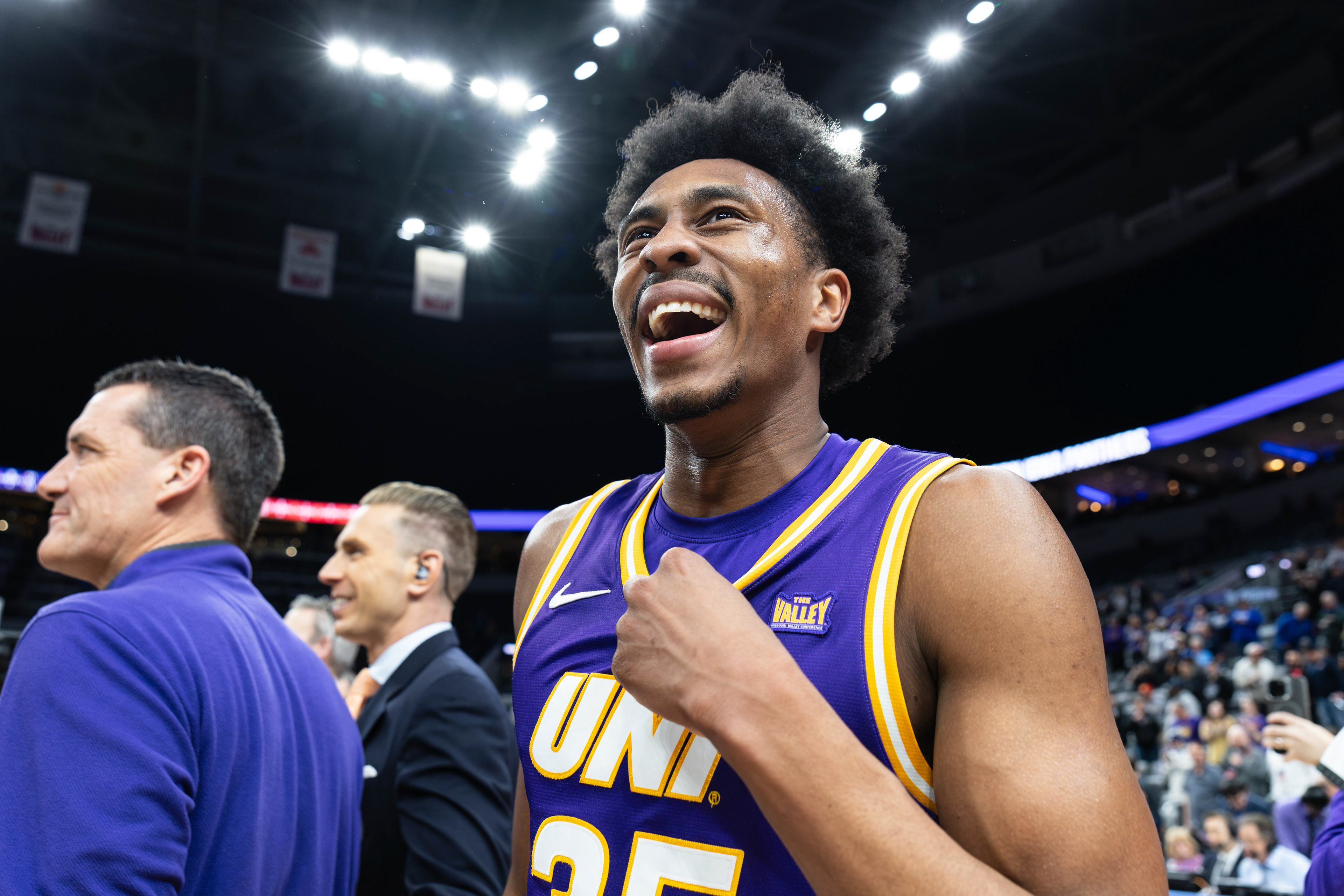 University of Northern Iowa basketball player Leon Bond III celebrates after winning the Missouri Valley Conference Men's Basketball Tournament over UIC at the Enterprise Center, located in St. Louis, Missouri, on March 8, 2026.