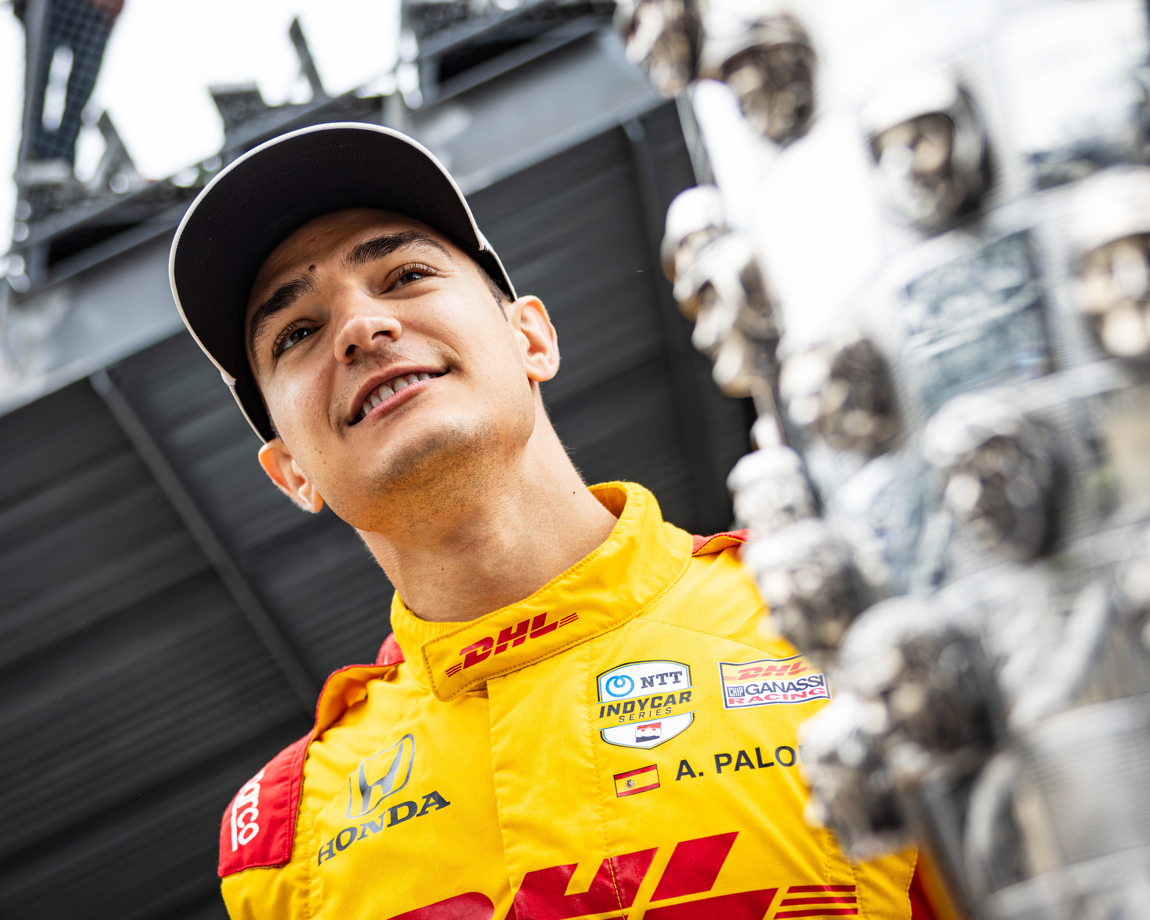 Alex Palou, driver of the No. 10 Honda for Chip Ganassi Racing in the NTT INDYCAR Series, looks over the Borg-Warner Trophy after winning the 2025 Indianapolis 500, at the Indianapolis Motor Speedway, located in Speedway, Indiana, on May 25, 2025.