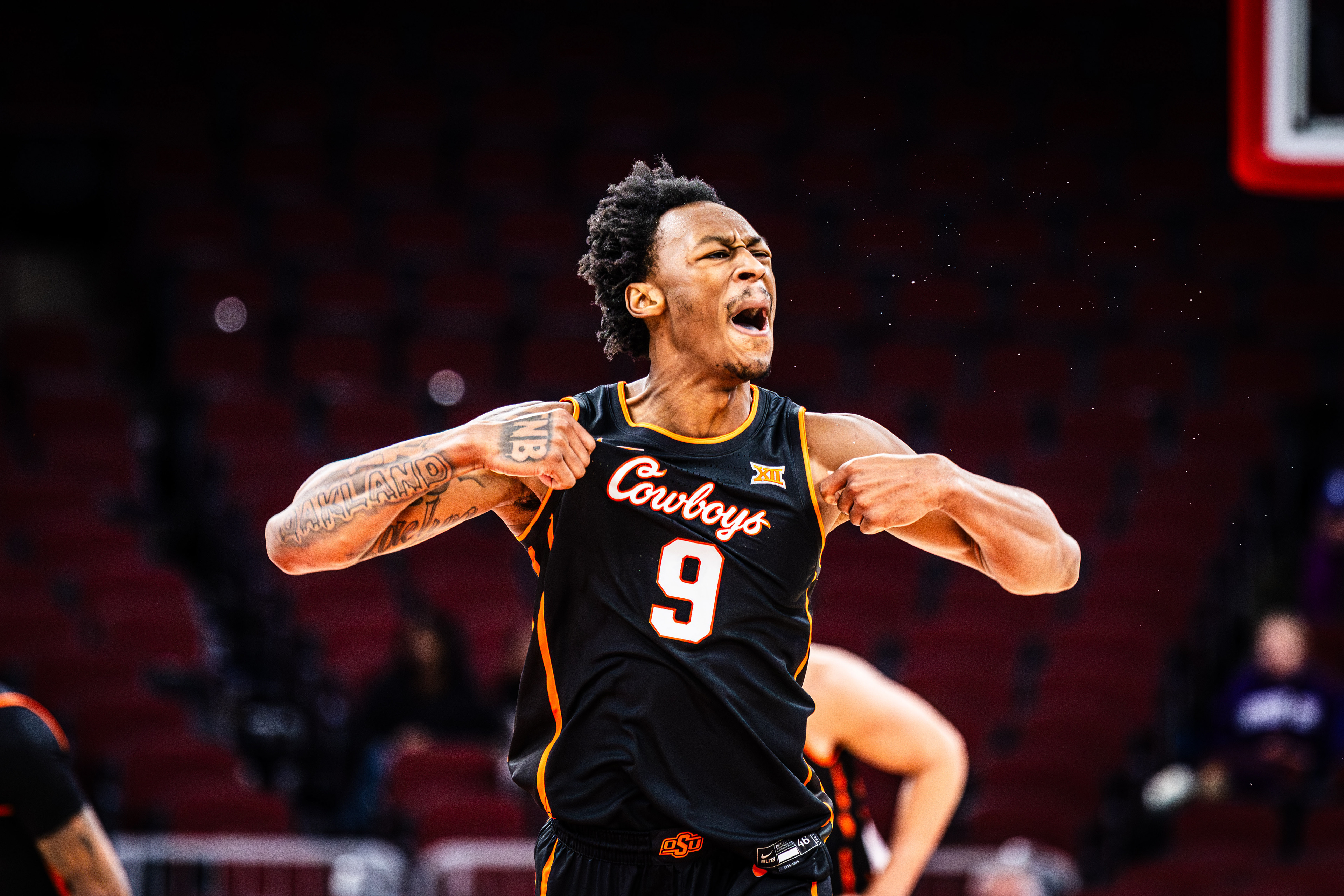 Oklahoma State basketball player Anthony Roy celebrates after a play in the game against Northwestern, at the United Center, located in Chicago, Illinois, on November 28, 2025. 