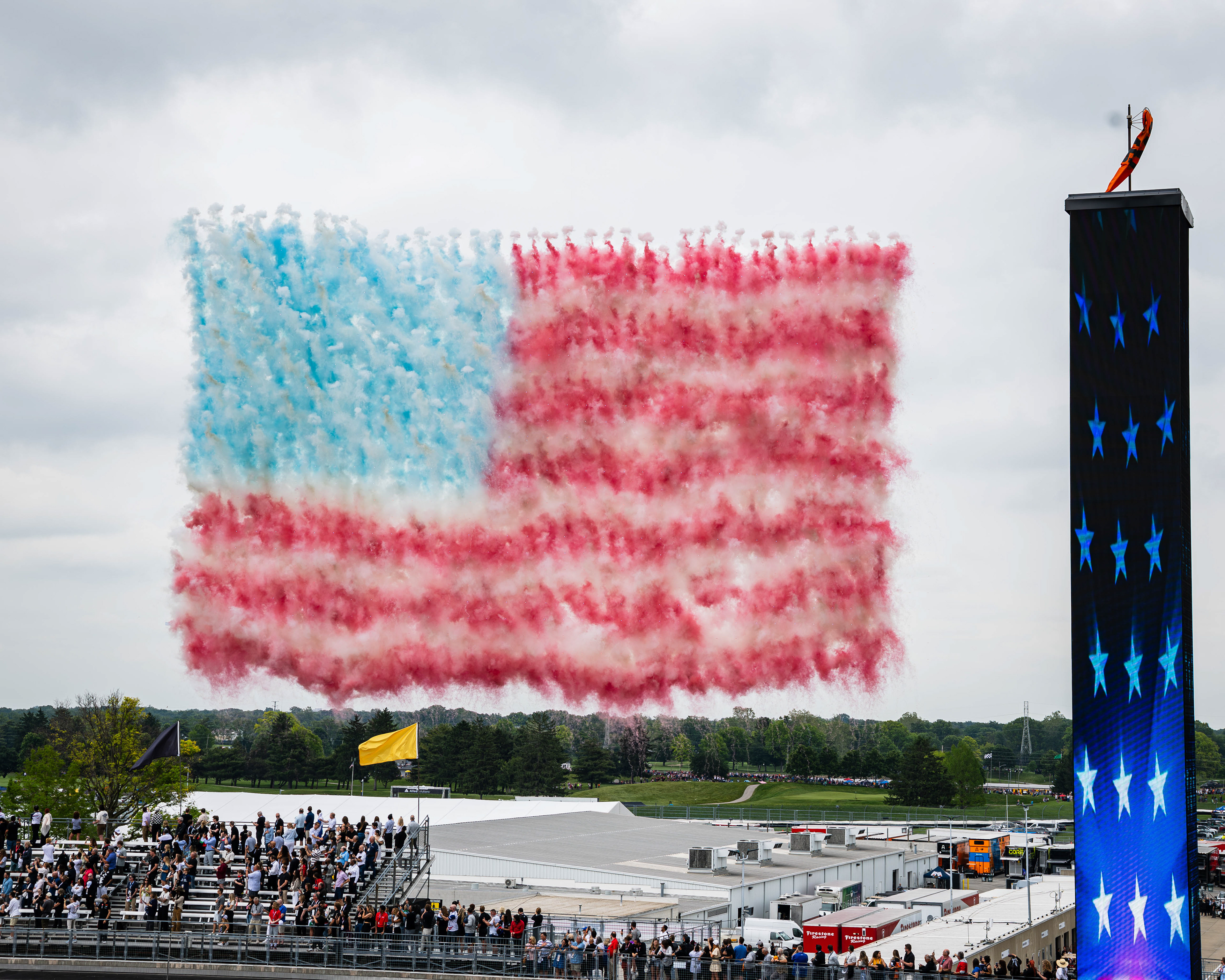 Drones create an American flag before the start of the 110th Indianapolis 500, located in Speedway, Indiana, on May 24, 2026.