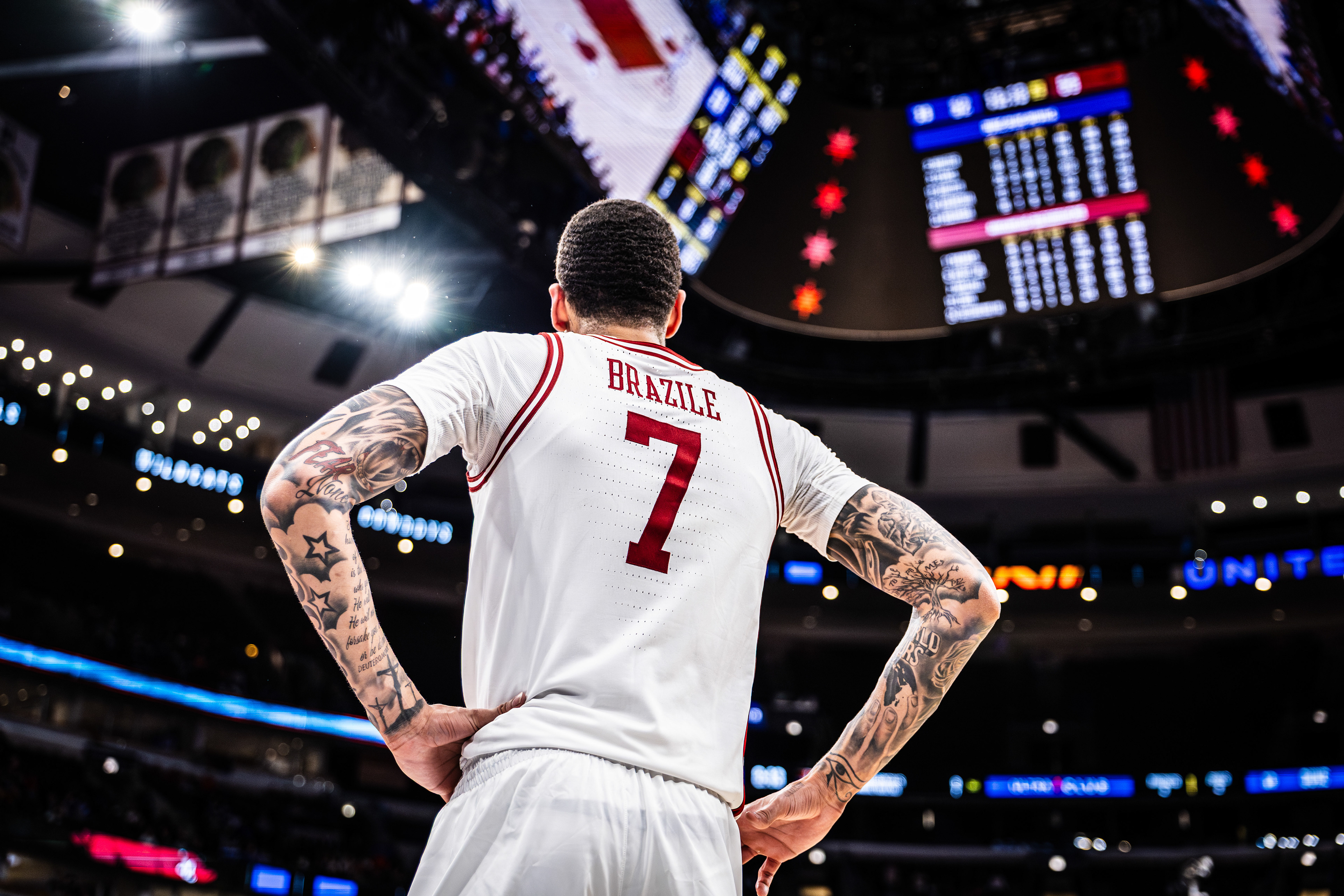 Arkansas basketball player Trevon Brazile looks on during the CBS Sports Thanksgiving Classic game against Duke, at the United Center, located in Chicago, Illinois, on November 27, 2025.