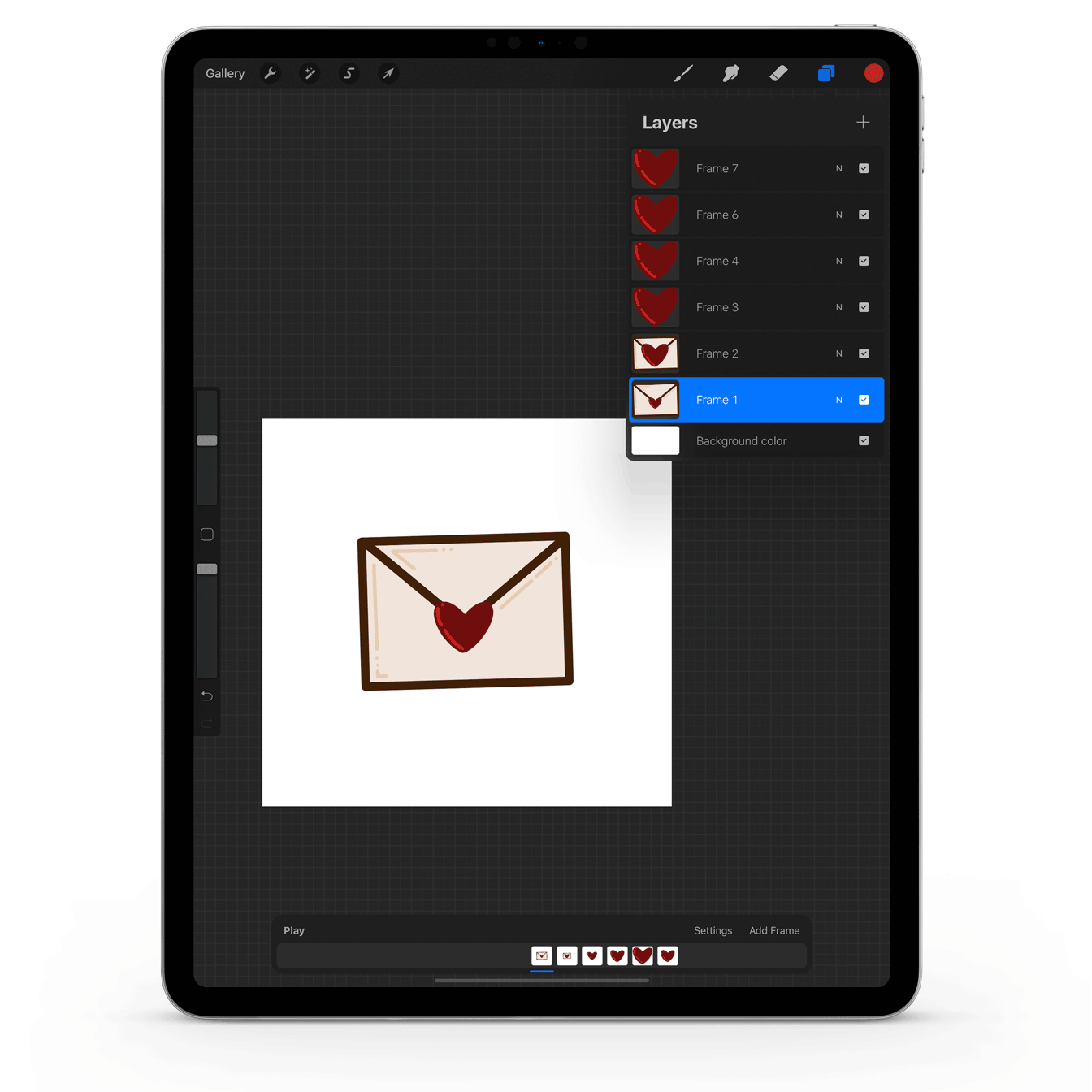Mockup of the Valentine's Day Card gif in Procreate on an iPad Pro (animated)