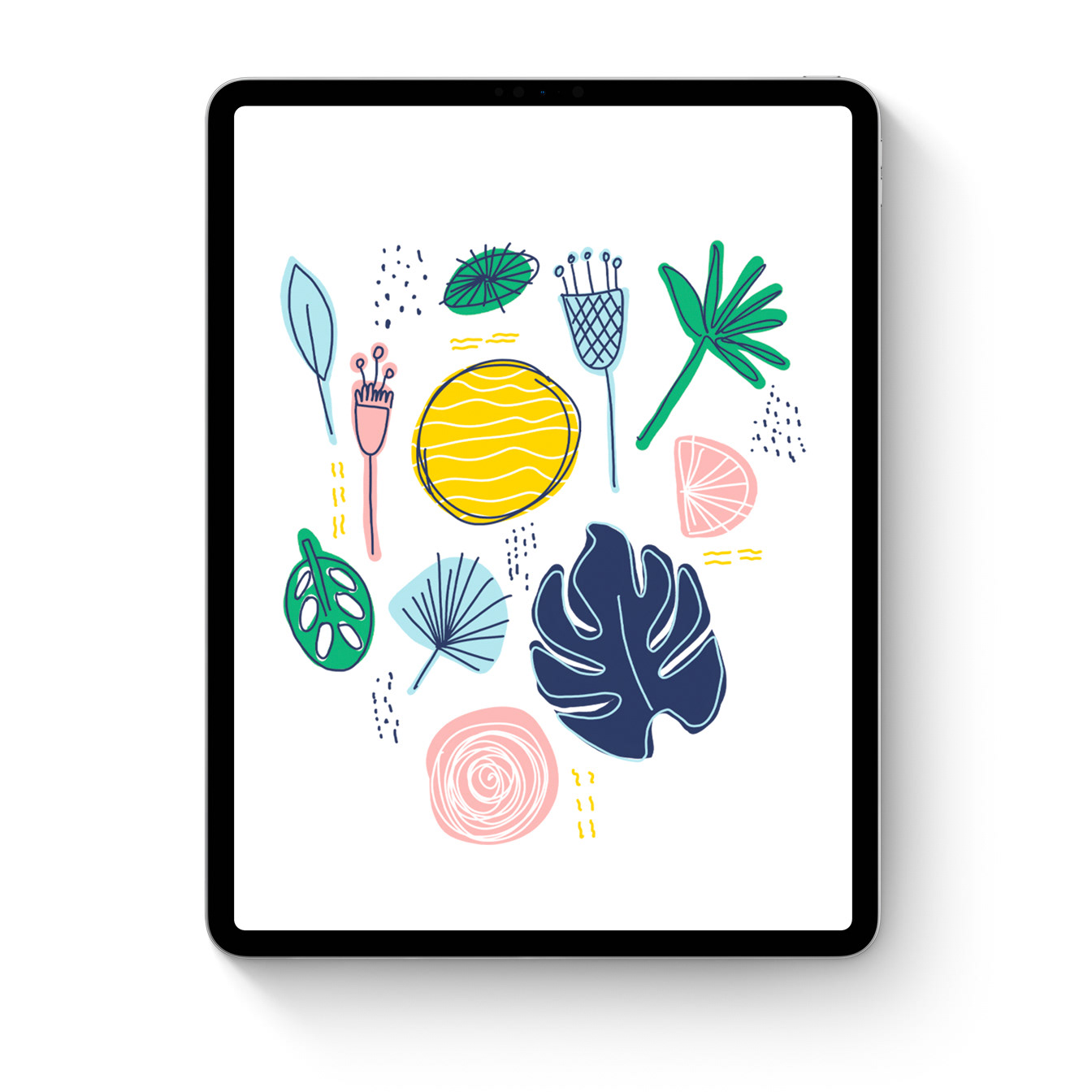 Mockup of abstract foliage illustrations on an iPad Pro